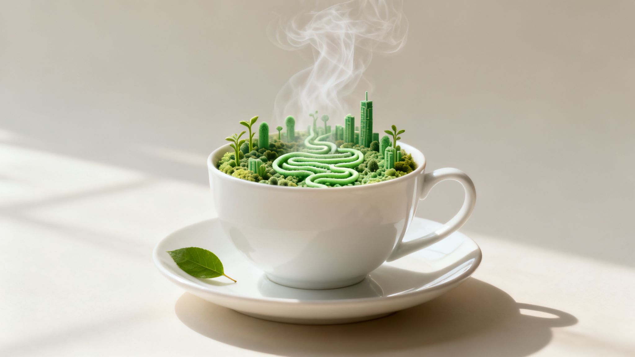 A white teacup holds a vibrant green miniature city with an intestine-like path, steaming gently, with a green leaf on the saucer.