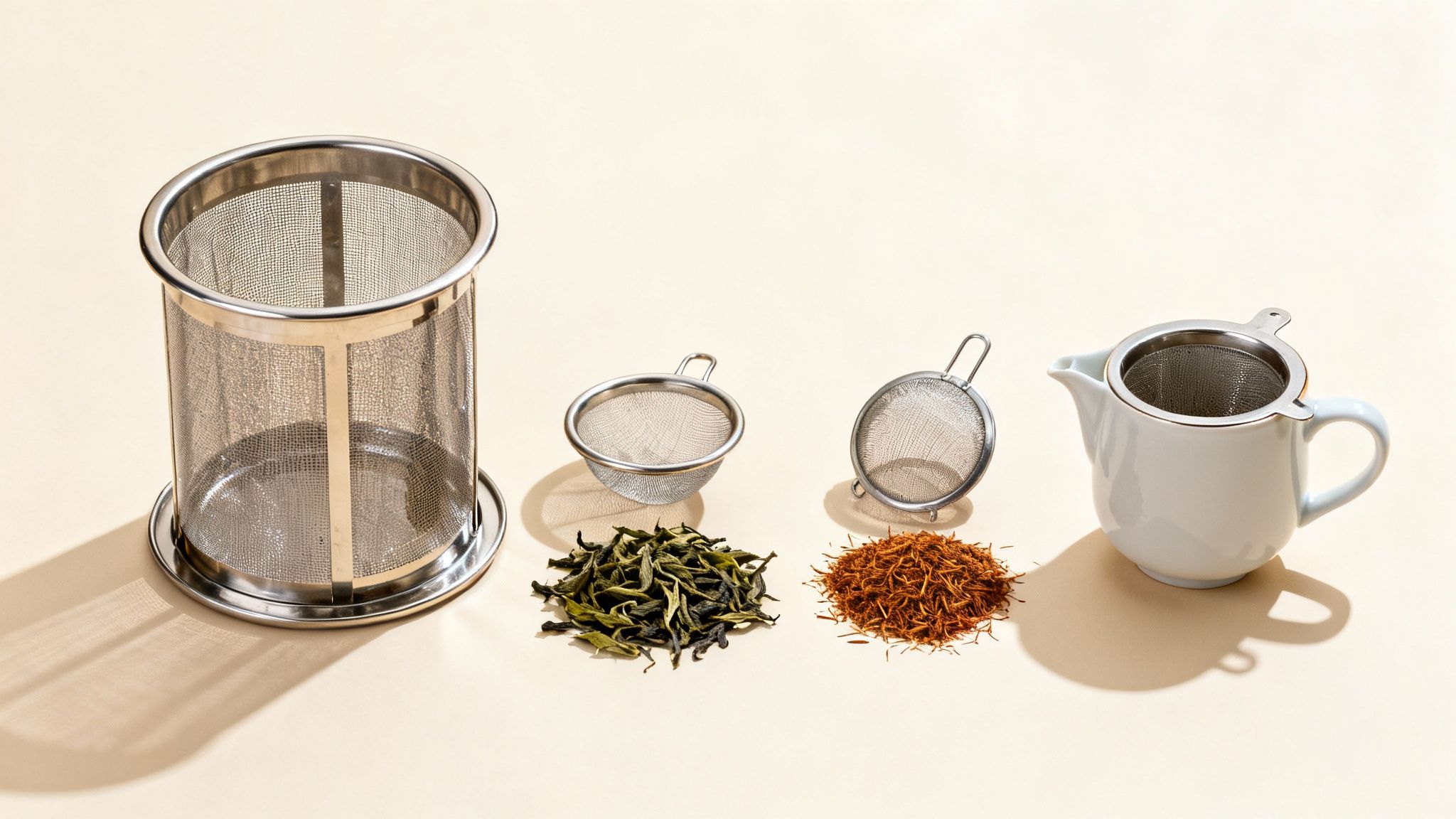Assortment of metal tea strainers, a teapot, and piles of green and herbal loose tea.