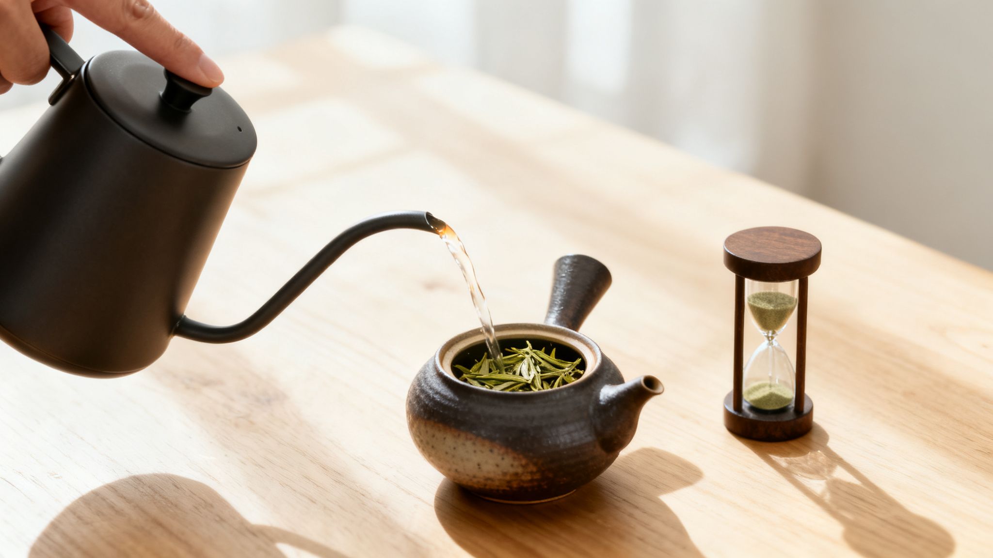 A hand pours hot water from a black kettle into a rustic teapot with green tea leaves next to an hourglass.