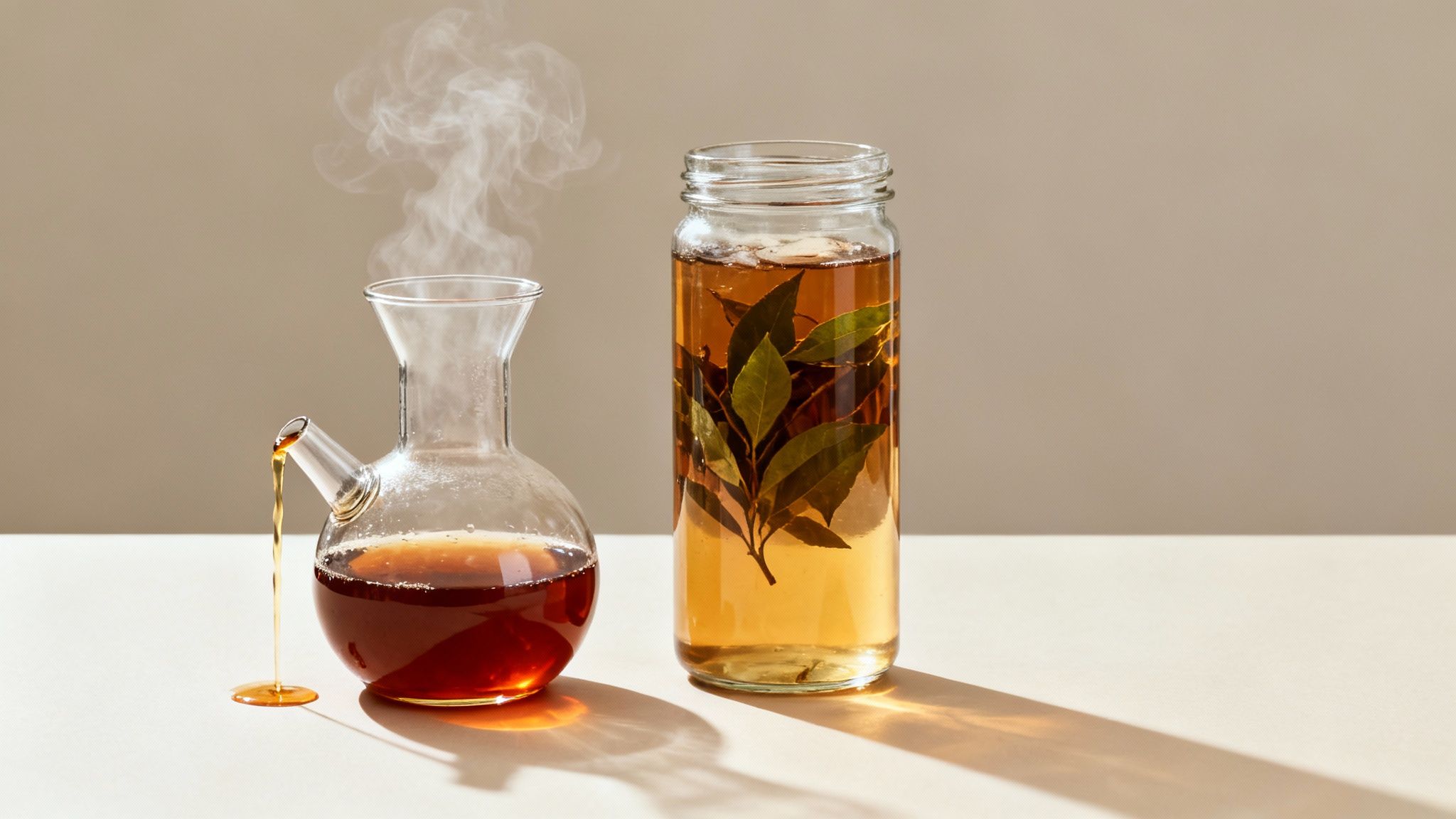 A pitcher of iced tea being poured into a glass filled with ice.