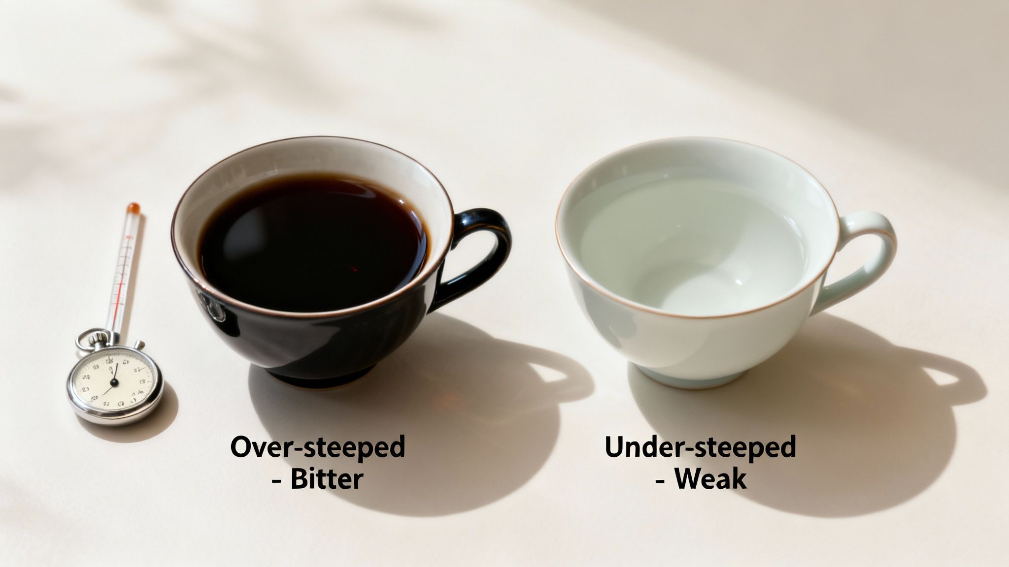 Visual comparison of over-steeped (bitter) and under-steeped (weak) tea, with thermometer and stopwatch.