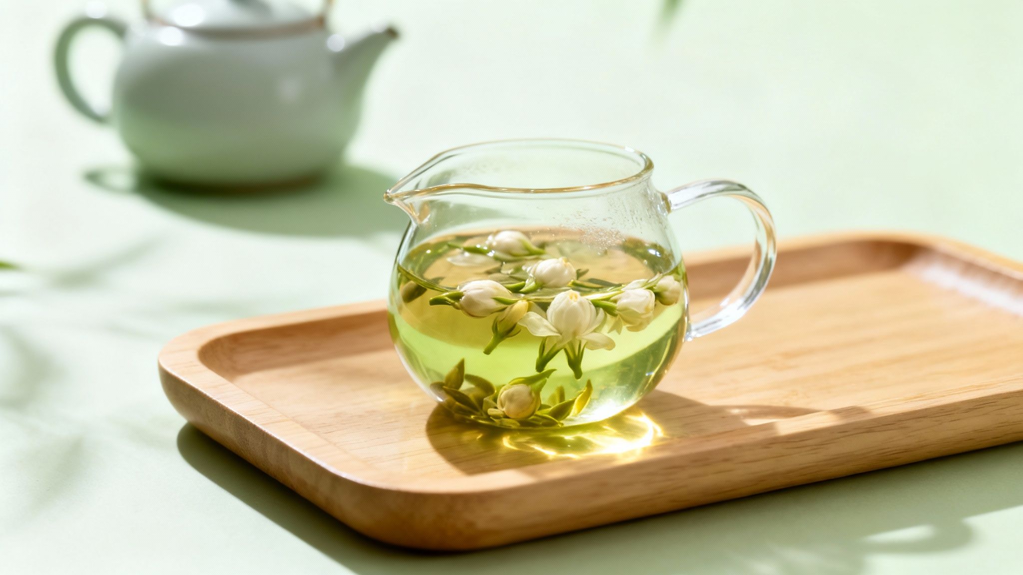 A person brewing jasmine pearl teas in a glass teapot.