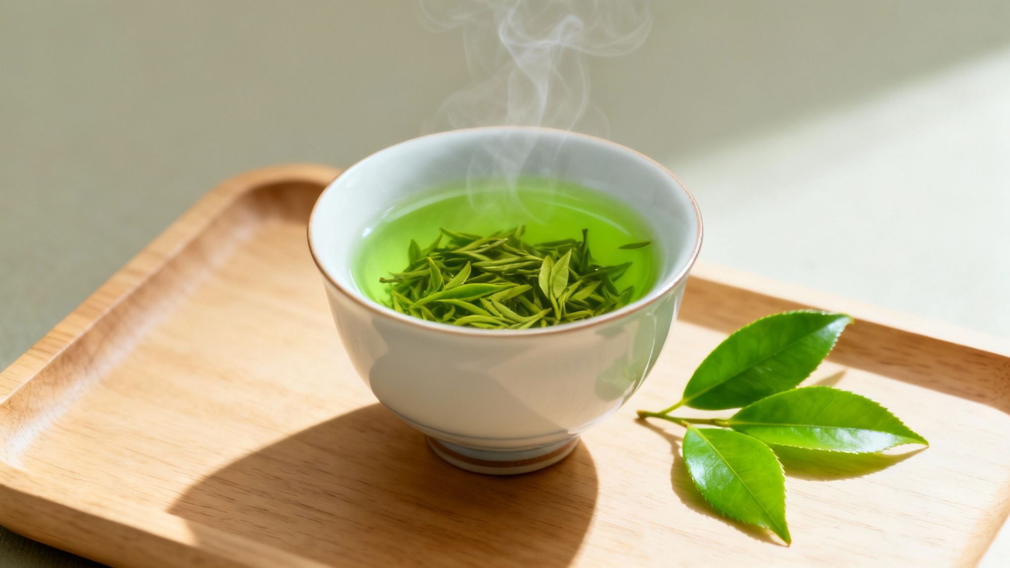 A steaming cup of Sencha green tea with loose leaves scattered beside it, highlighting its natural and fresh quality.