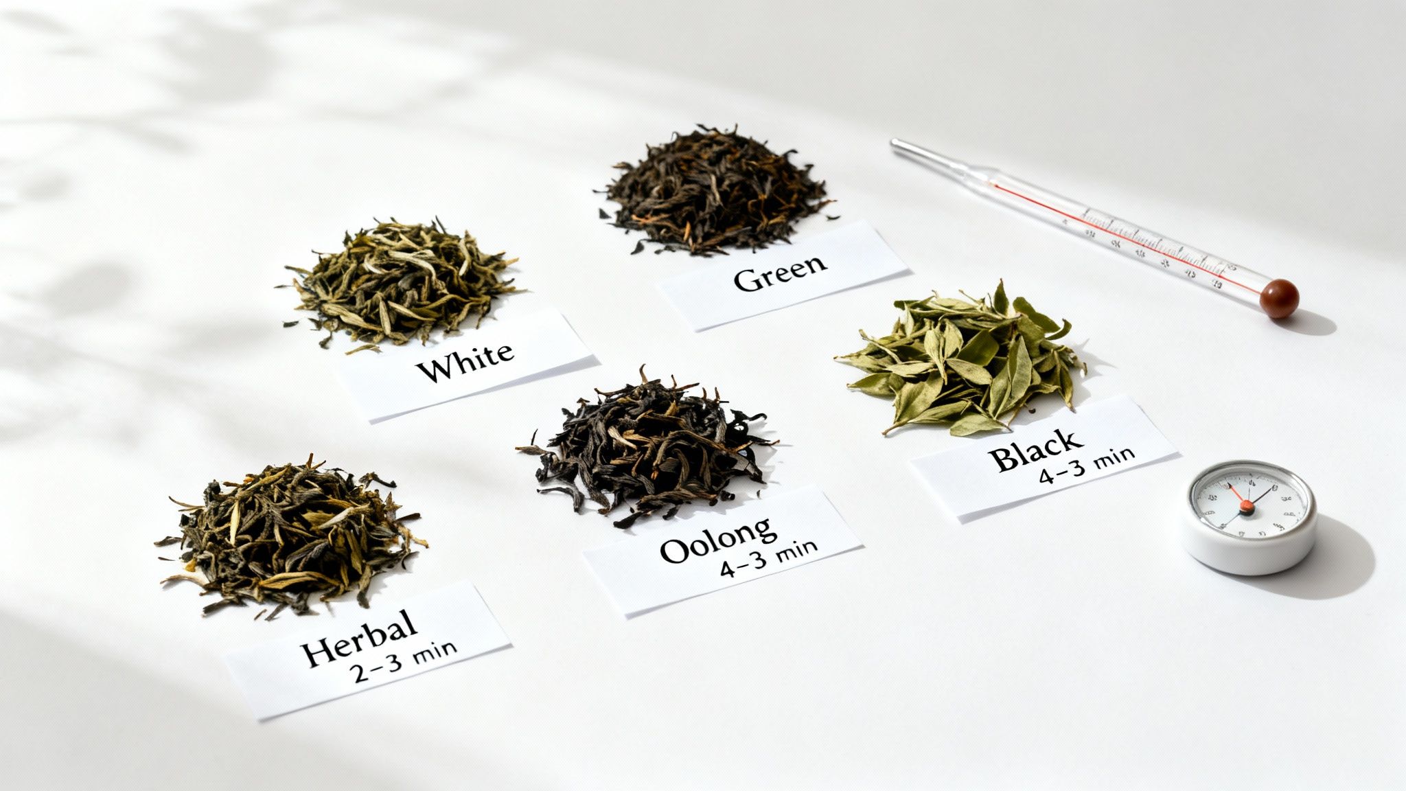 Various types of dry tea leaves labeled white, green, black, oolong, and herbal, with a thermometer and timer.