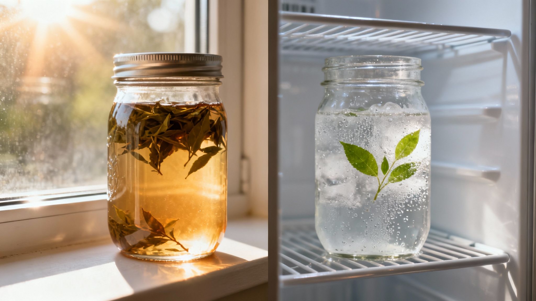 Two mason jars, one steeping sun tea on a windowsill, another with iced tea in a fridge.