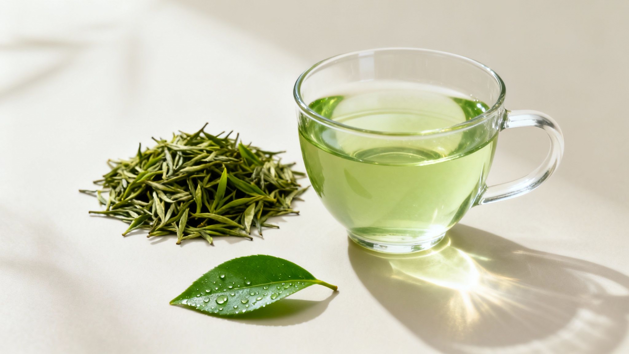 A clear glass cup of green tea, dried tea leaves, and a fresh wet tea leaf on a light background.