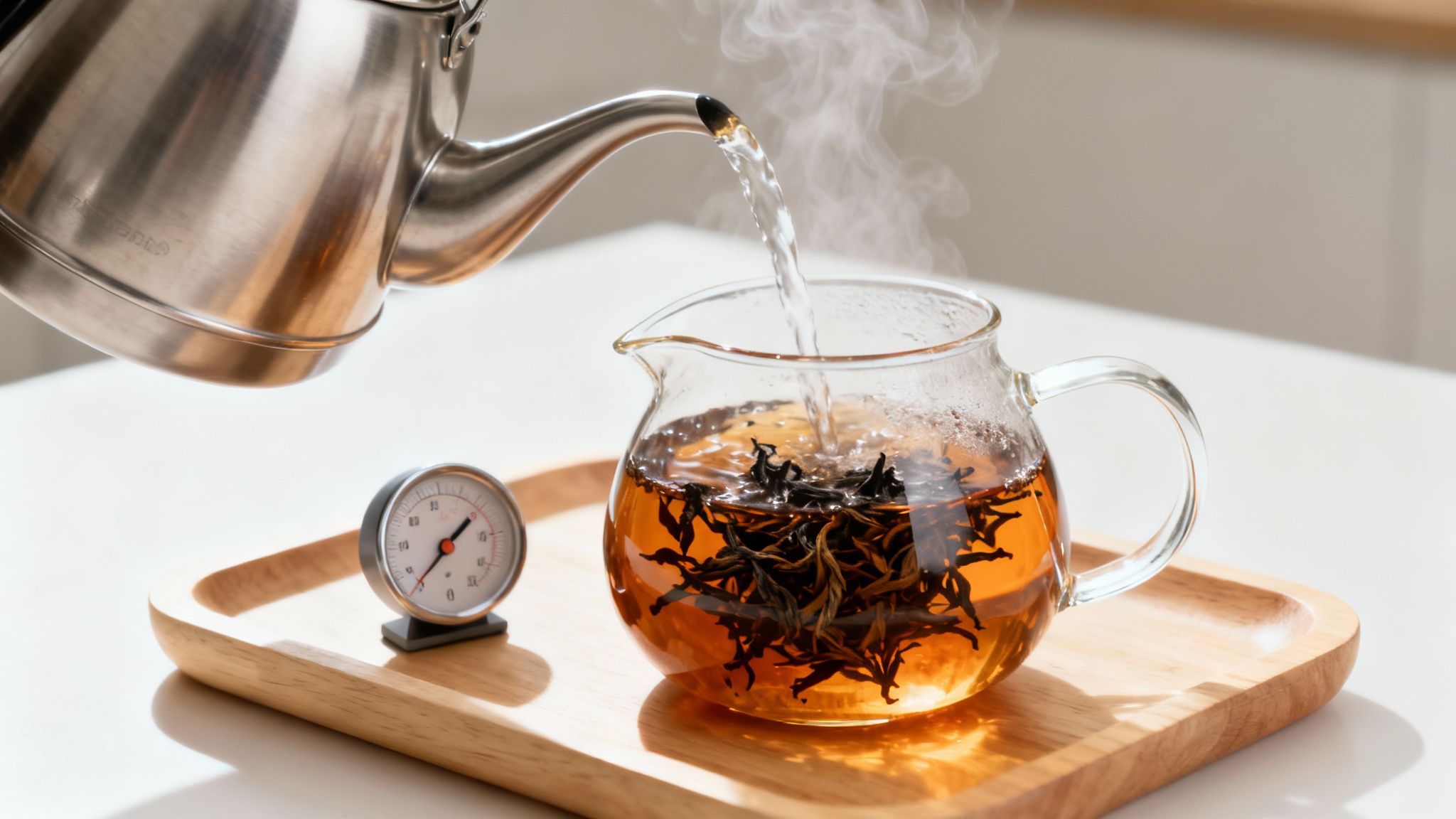 Hot water being poured from steel kettle into glass teapot with loose black tea leaves steeping