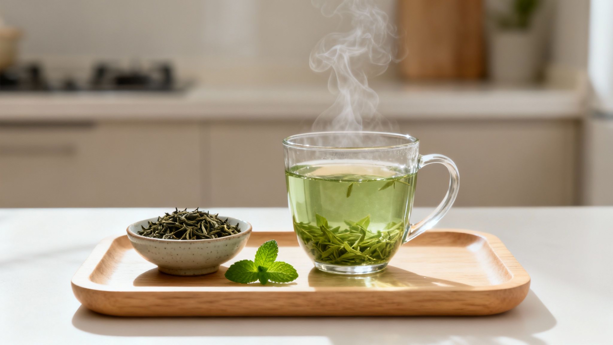 A refreshing cup of steaming green tea, loose leaves, and a mint sprig on a wooden tray.