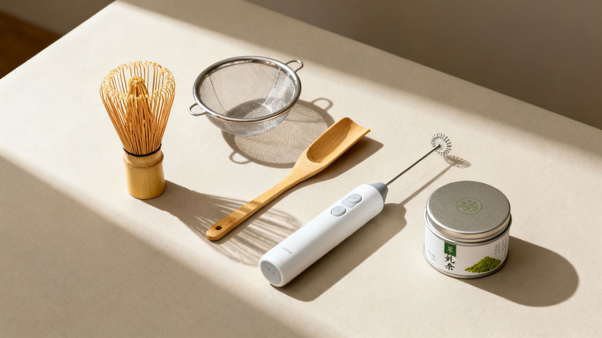 A collection of matcha tea preparation tools, including a whisk, sieve, scoop, frother, and matcha tin.