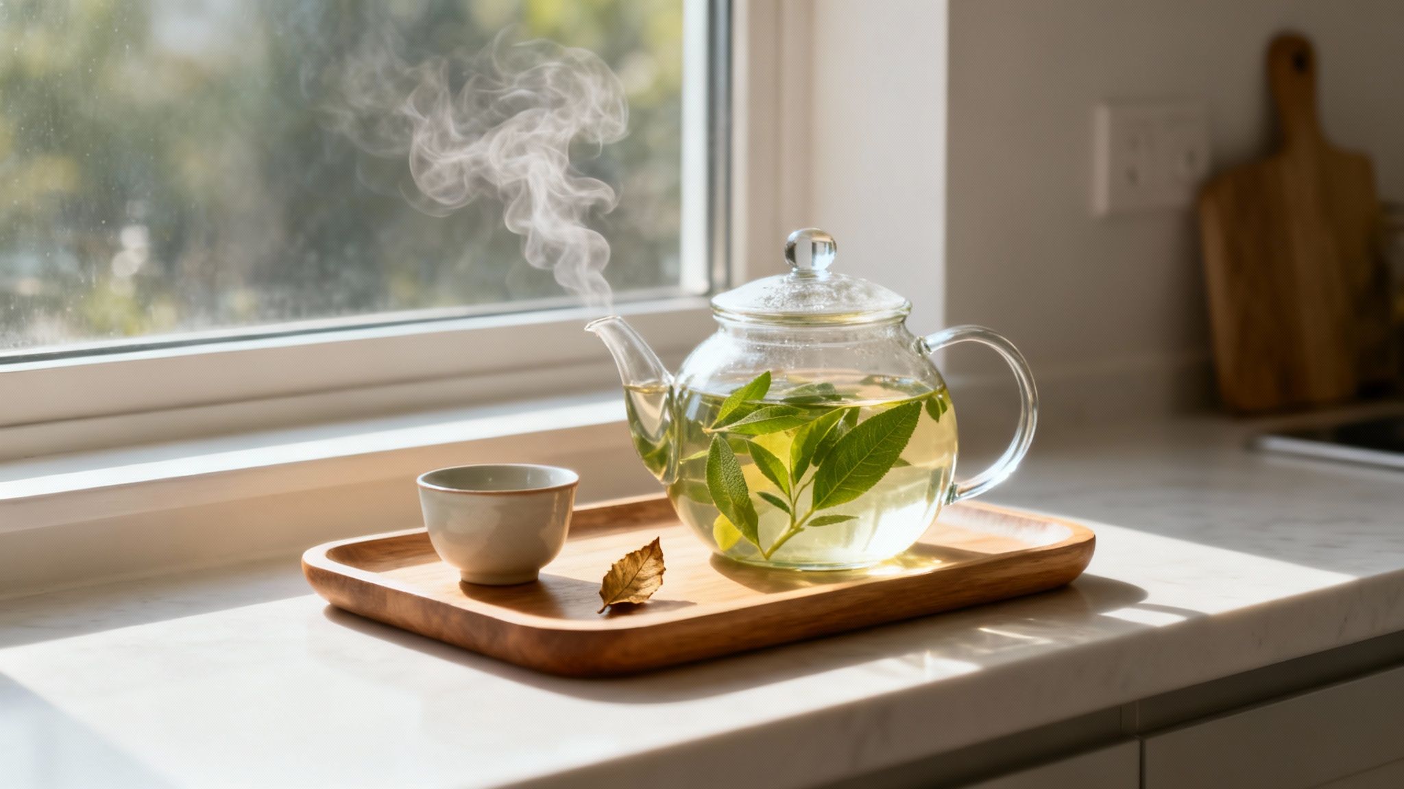A person pouring steaming lemon verbena tea from a glass teapot into a cup.