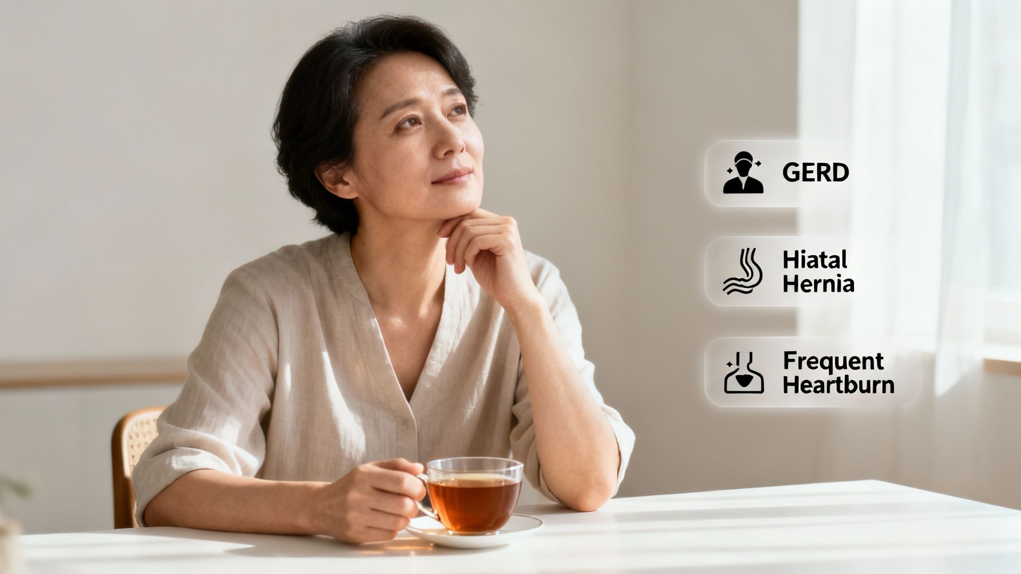 A thoughtful woman holds a tea cup, pondering digestive issues like GERD, Hiatal Hernia, and heartburn.