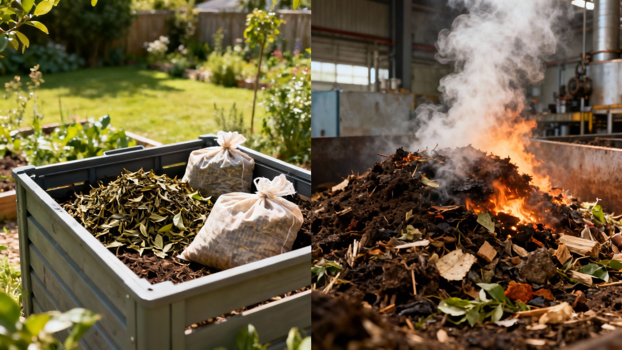 Split image comparing composting tea bags in bin versus burning garden waste pile with flames