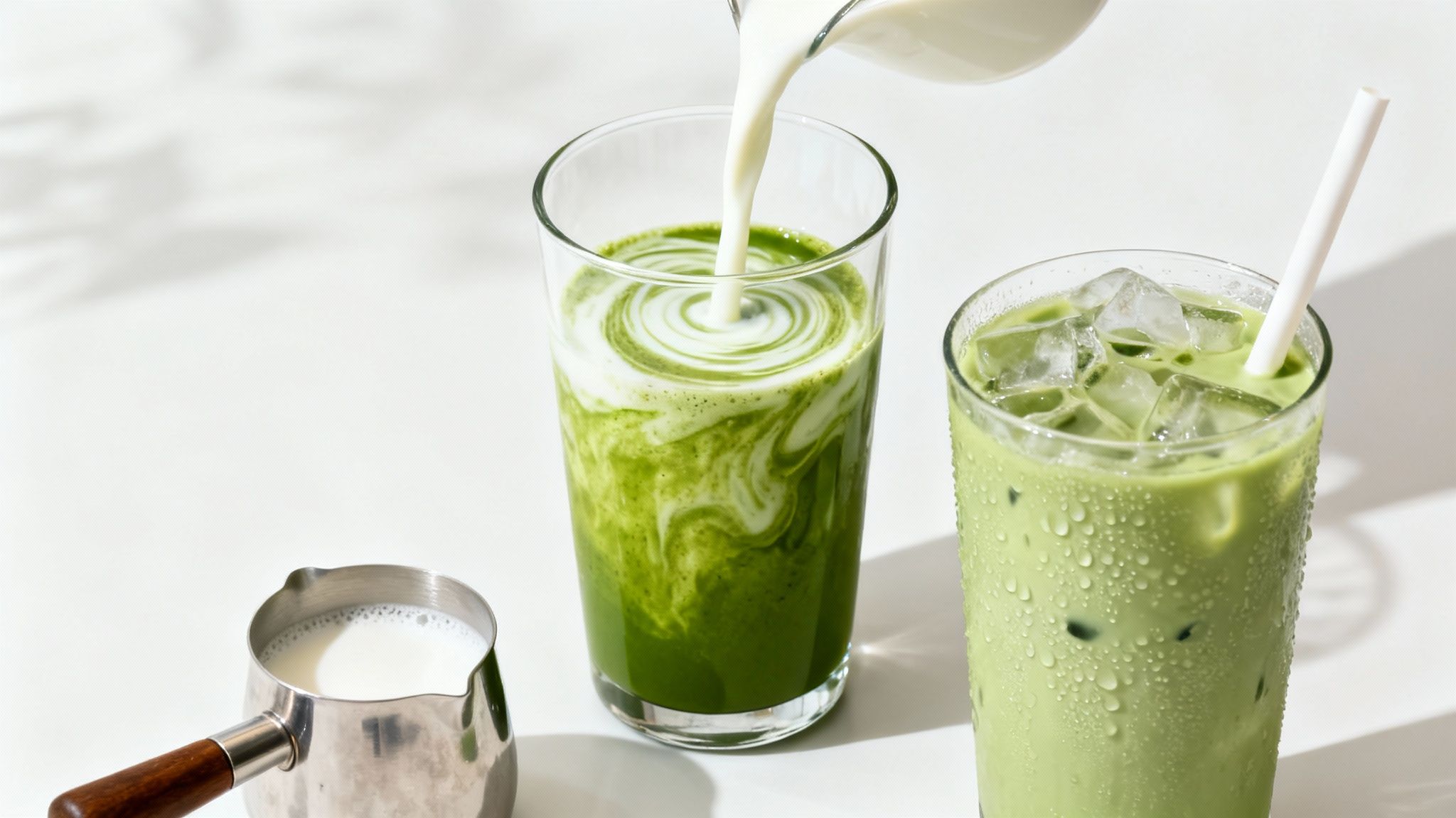 Milk being poured into a vibrant green matcha base, next to an iced matcha latte.