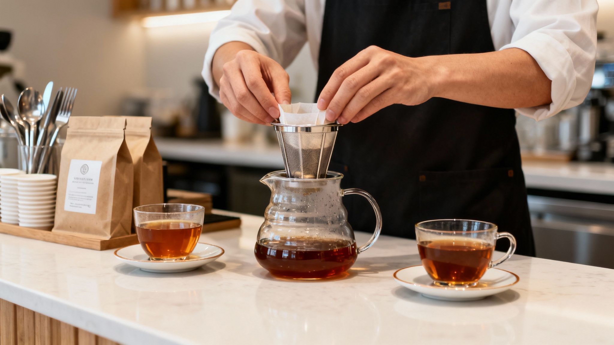 A person's hands preparing pour-over tea using a metal strainer and filter in a cafe.