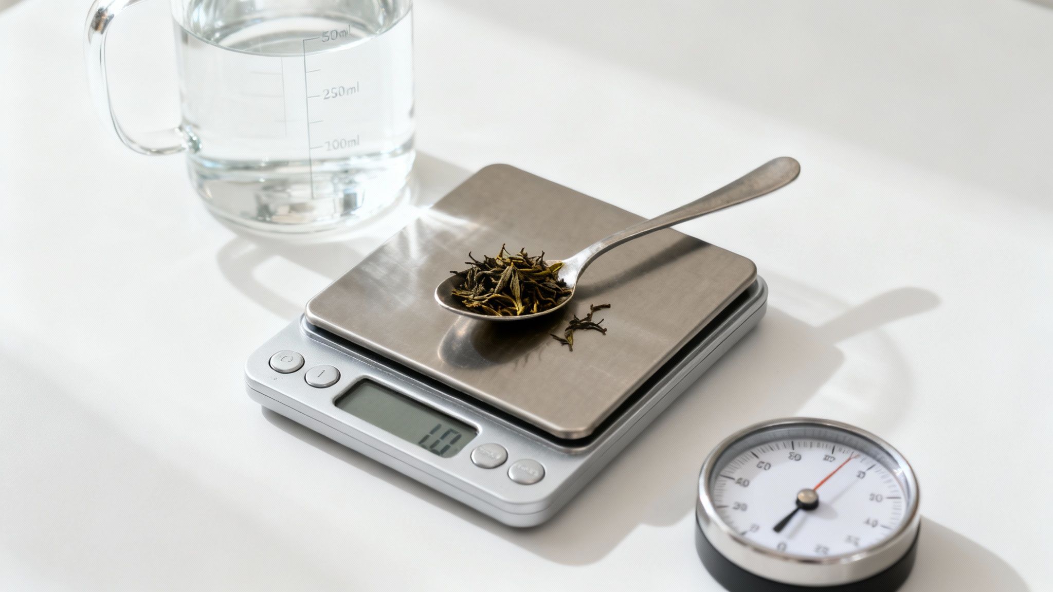 Loose leaf tea on a digital scale with water measuring cup and thermometer for precise brewing.