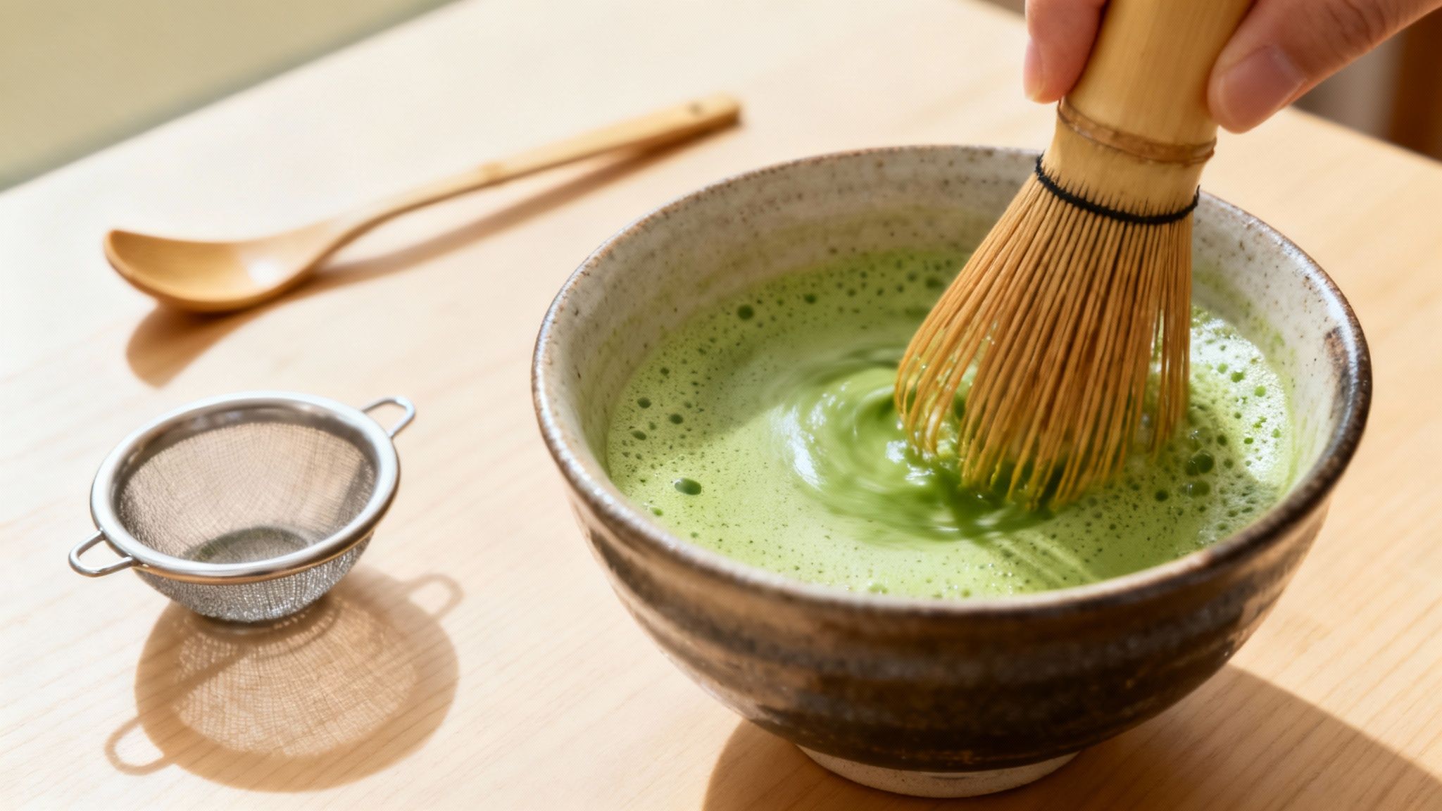 A person whisking matcha powder in a traditional Japanese tea bowl, creating a vibrant green froth.