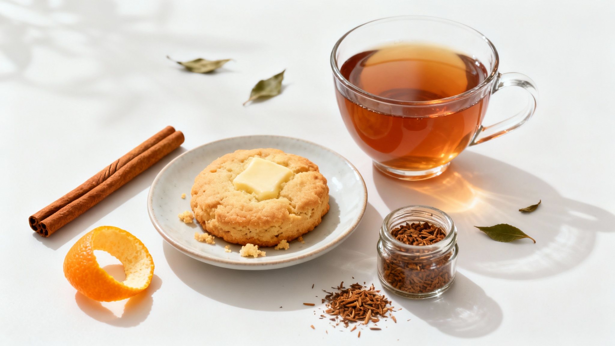 A cup of rooibos tea on a saucer, next to a small plate with biscuits and a jar of honey.
