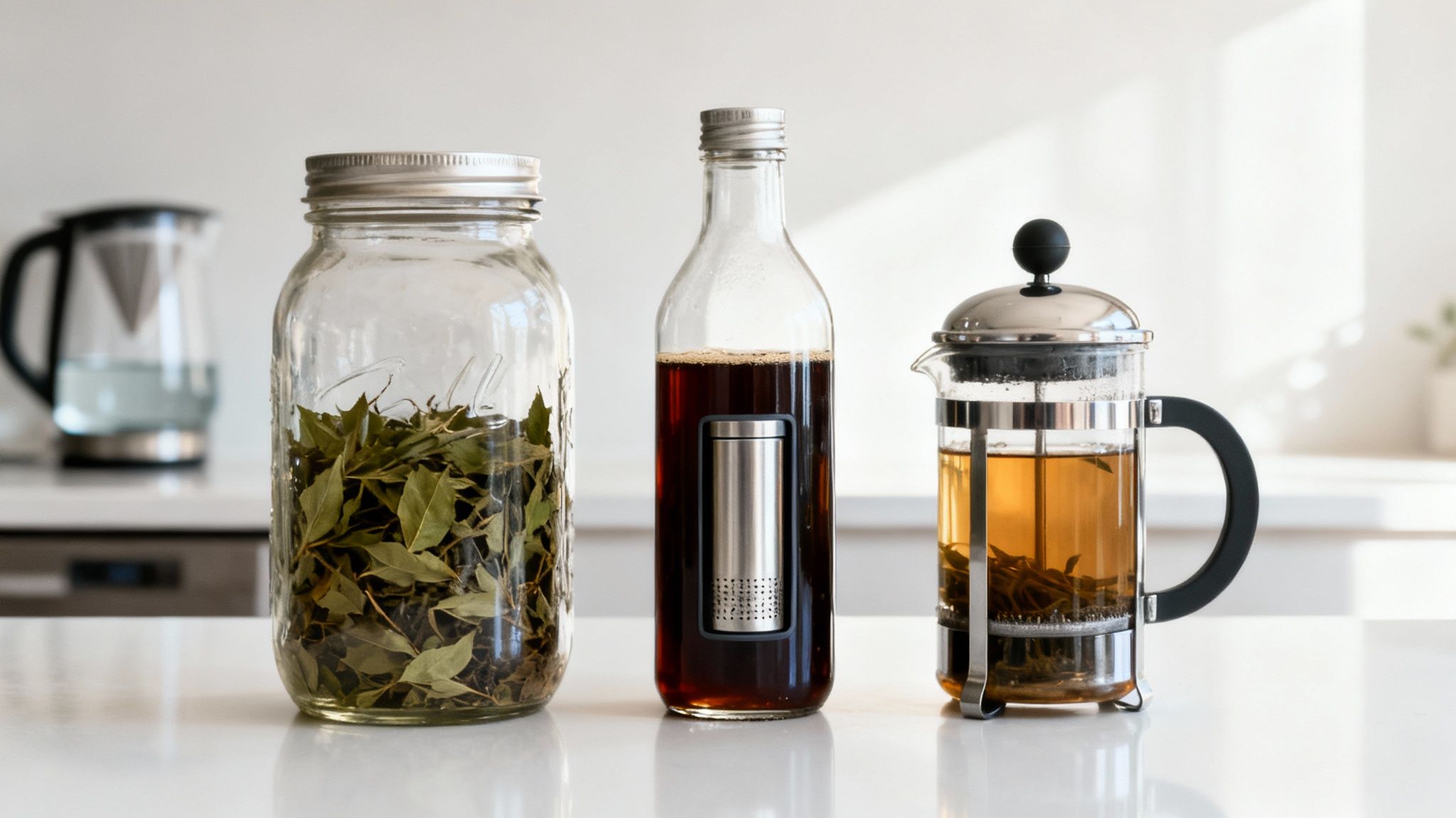 Three tea vessels on a white counter: a jar of dried leaves, a cold brew bottle, and a French press with tea.