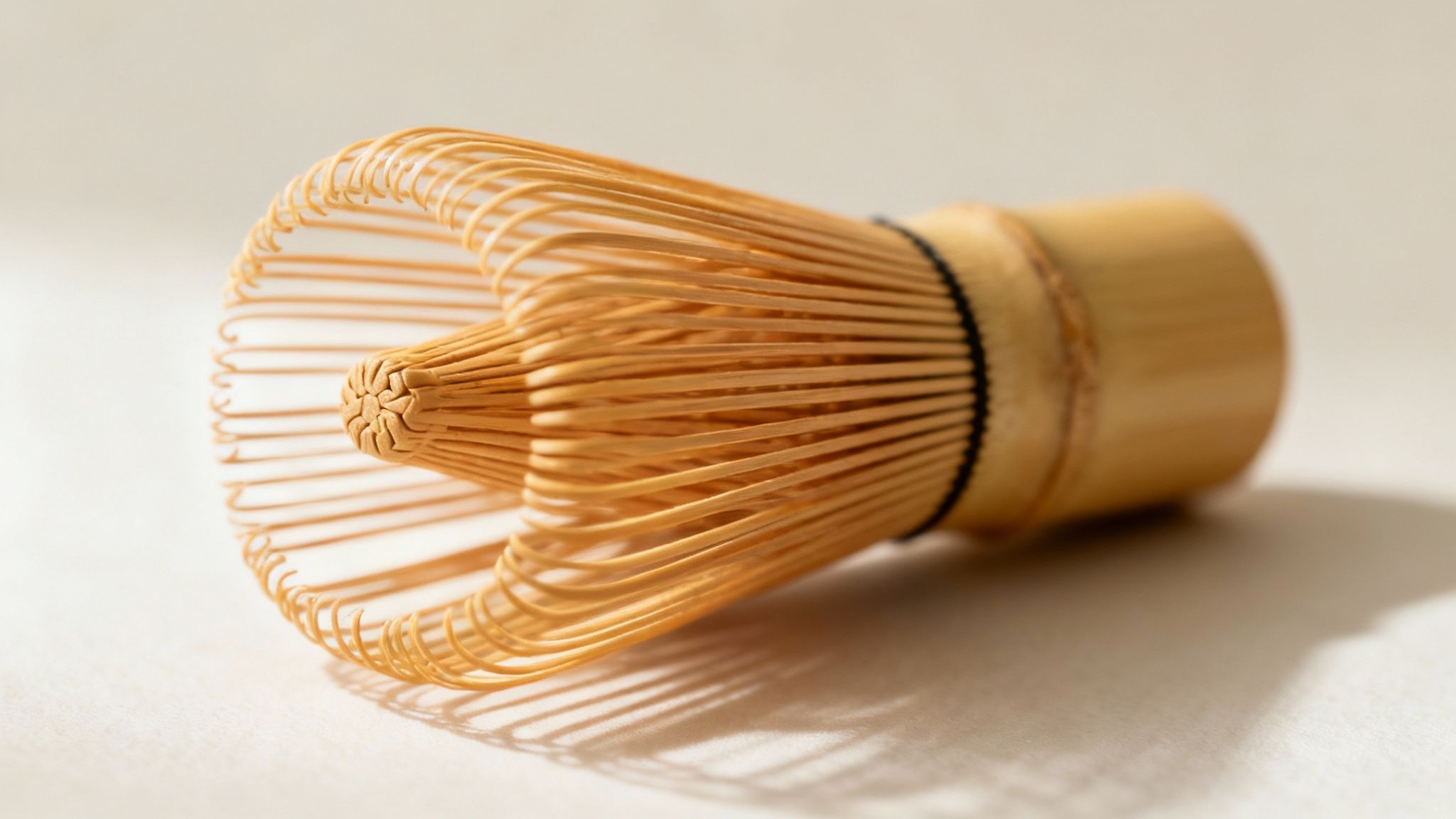 A close-up of a matcha green tea bamboo whisk showing its delicate tines