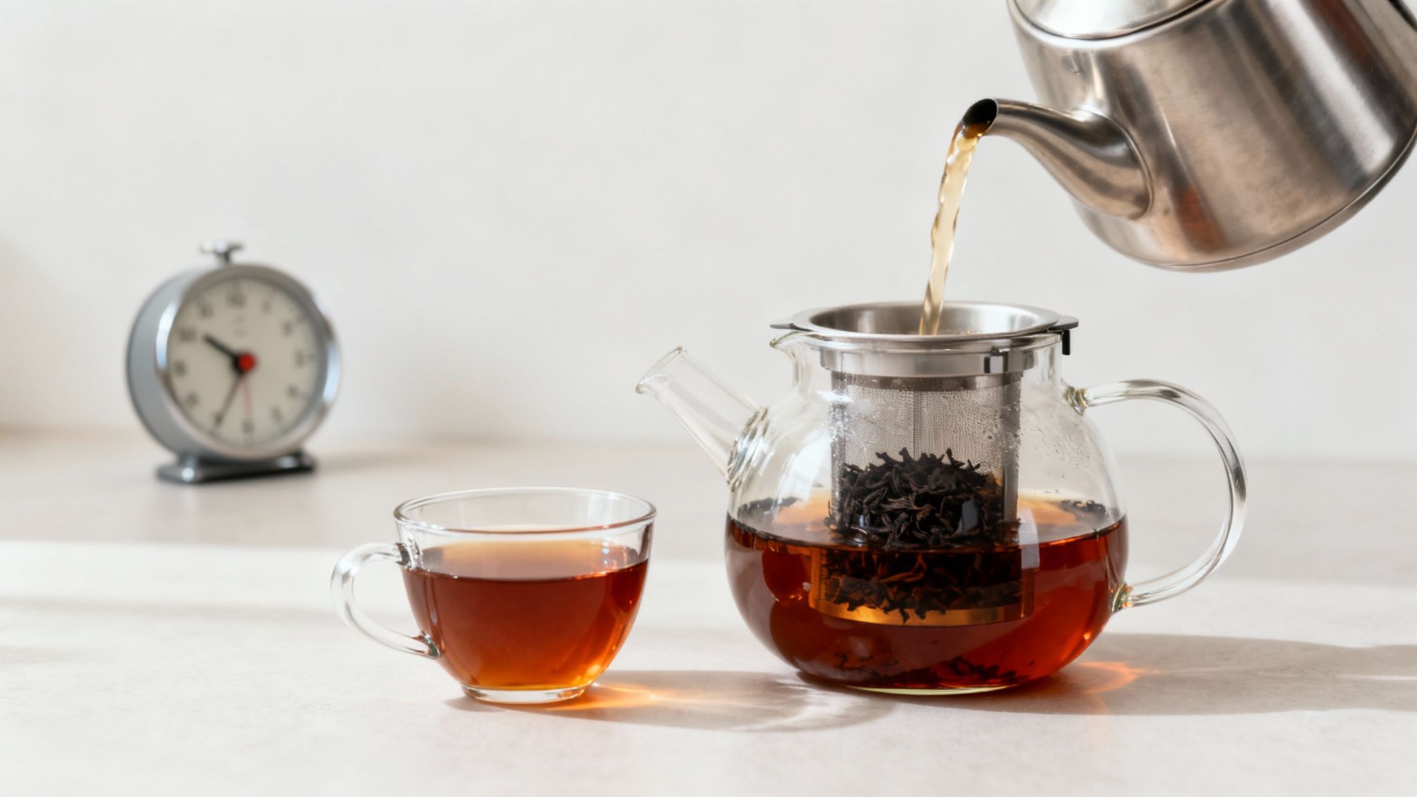 A beautiful, clear glass teapot filled with brewed black tea, with a cup being poured next to it.