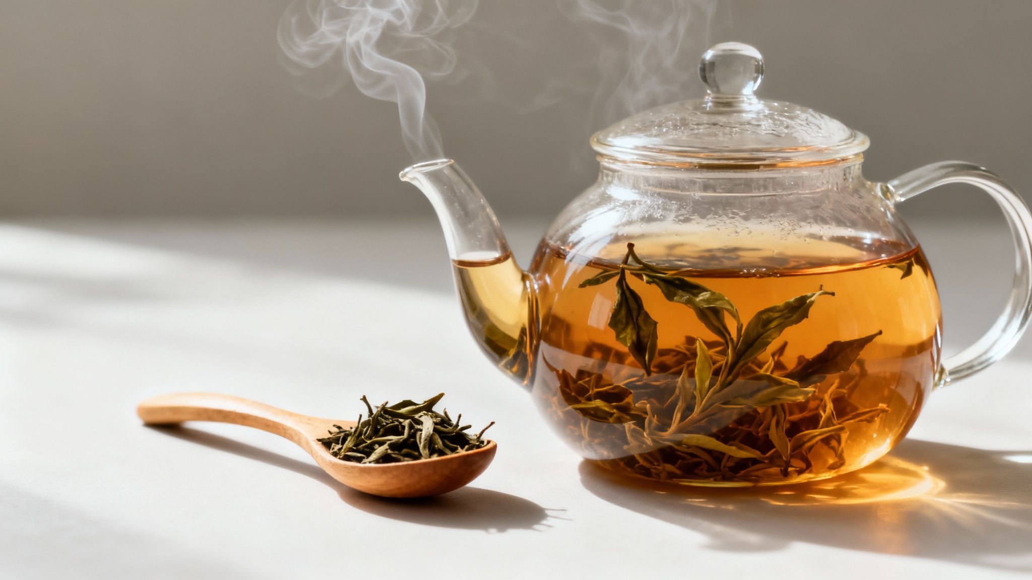 A person pouring hot water from a kettle into a glass teapot with an infuser inside.