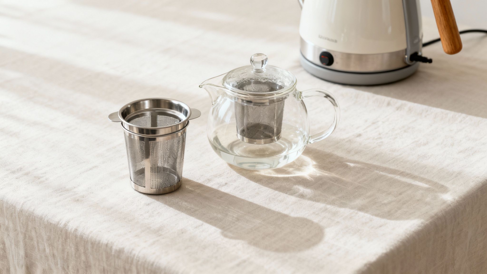 A kettle pouring hot water into a cup with a tea infuser basket.