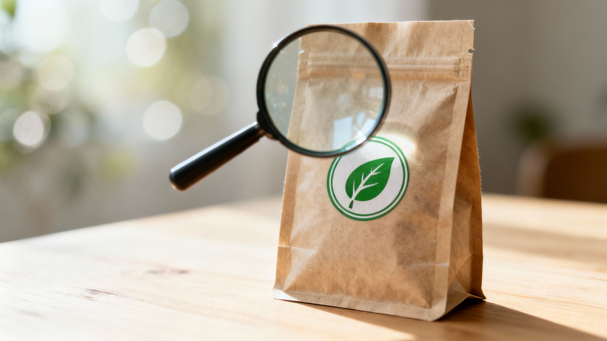 A magnifying glass inspects a brown paper bag displaying an organic green leaf symbol on a wooden table.