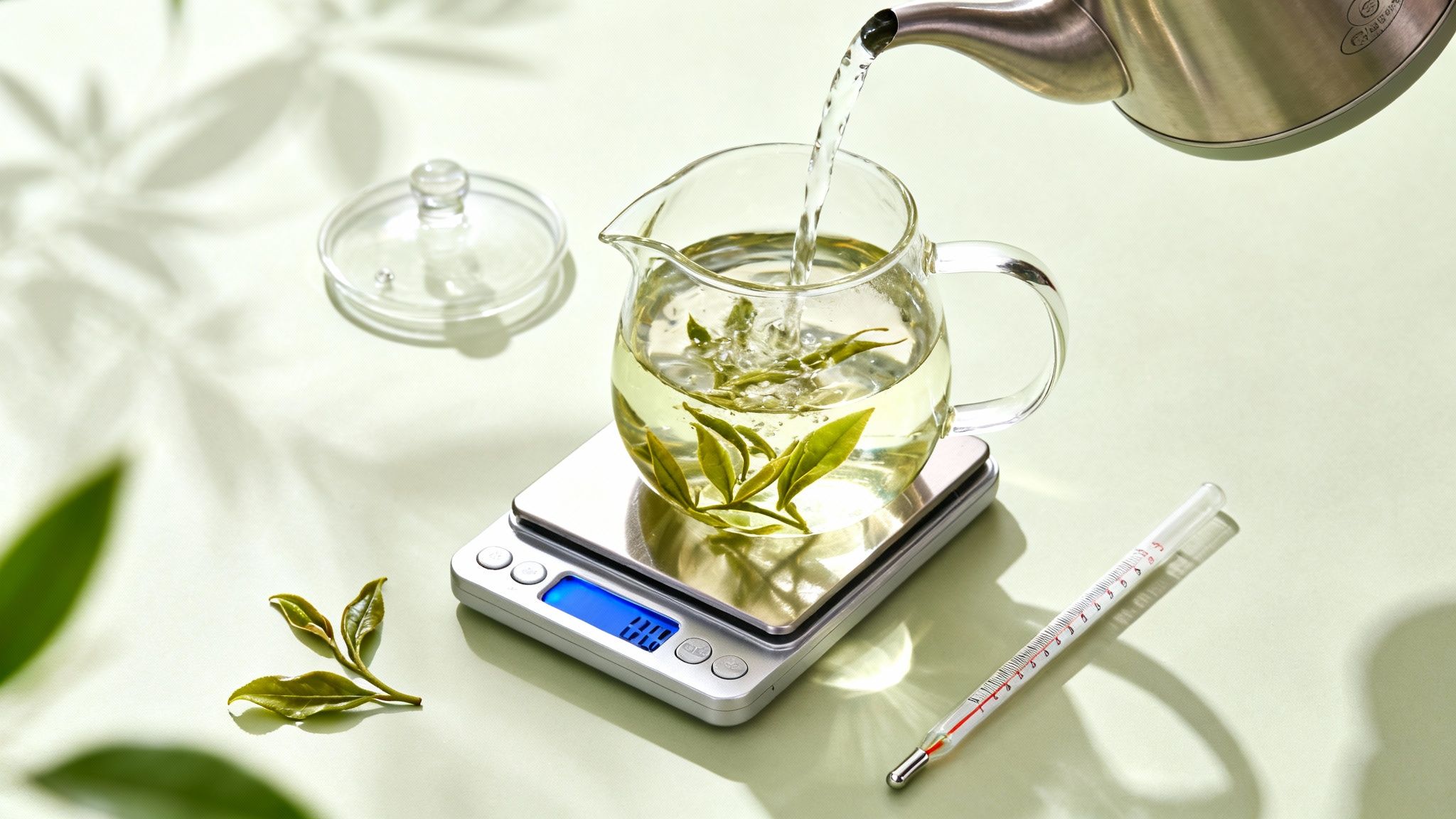 Preparing green tea: hot water poured from a kettle into a pitcher with fresh leaves on a scale, with a thermometer nearby.
