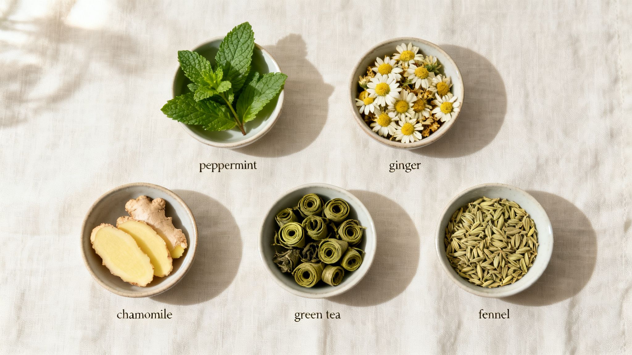 Five bowls with fresh peppermint, dried chamomile, ginger slices, rolled green tea, and fennel seeds.