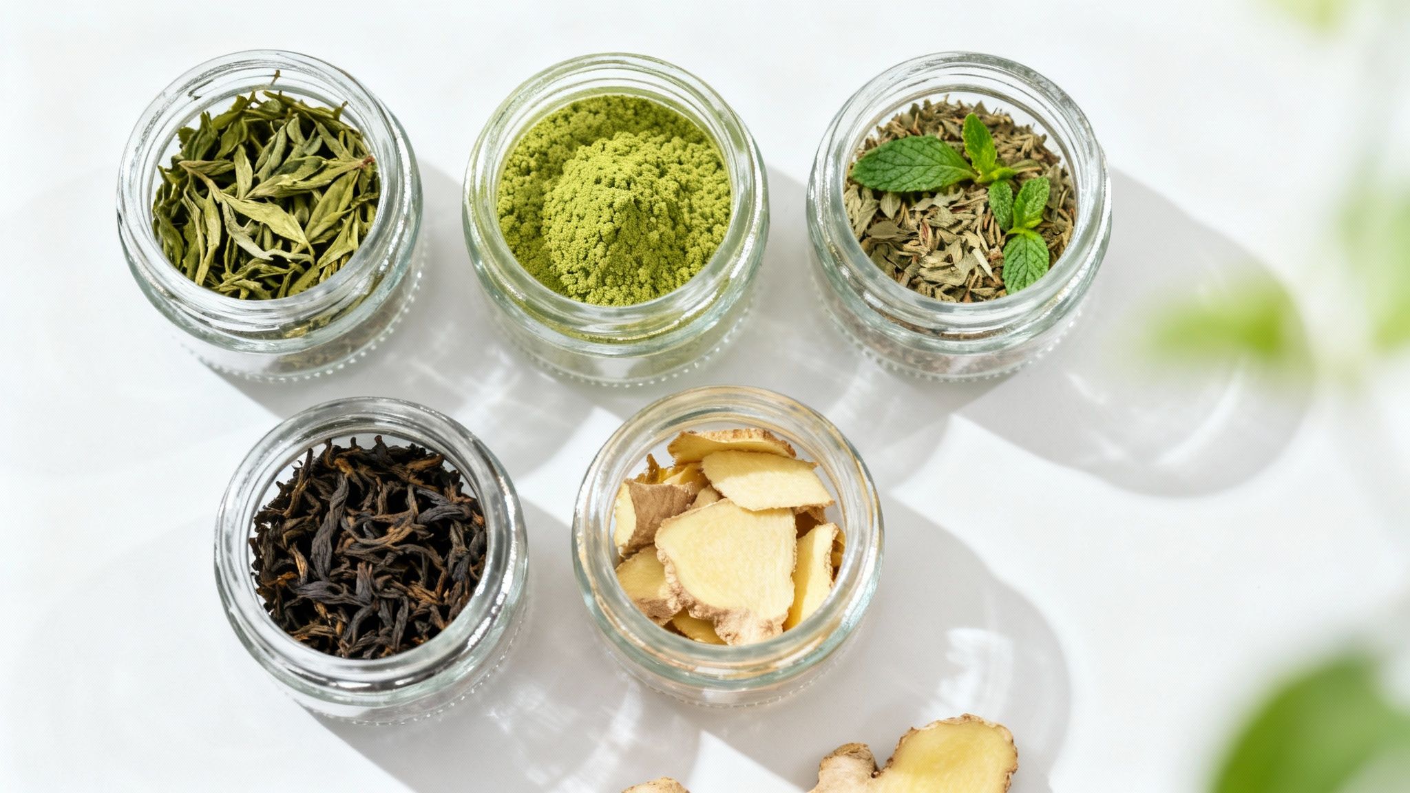 Assortment of dried herbs and spices for tea, including green tea, matcha, mint, black tea, and ginger slices.