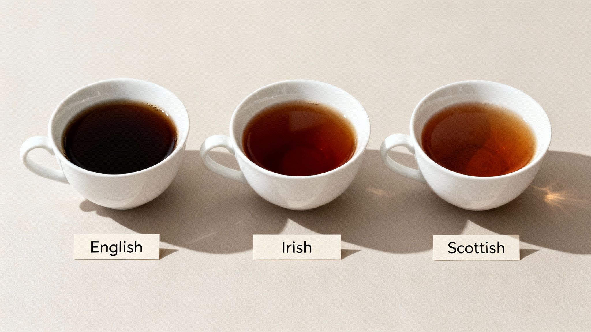 Three white cups visually comparing the different strengths of English, Irish, and Scottish tea.