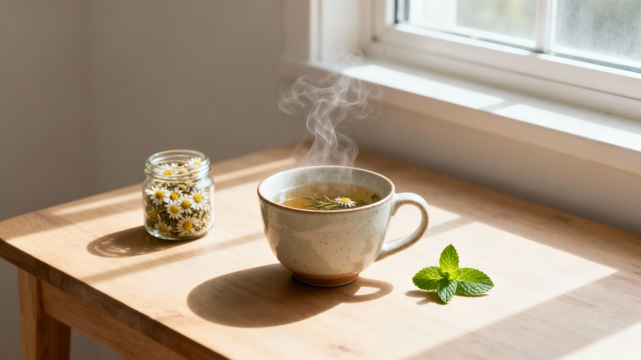 A warm cup of steaming chamomile tea with mint and dried flowers on a sunlit wooden table.