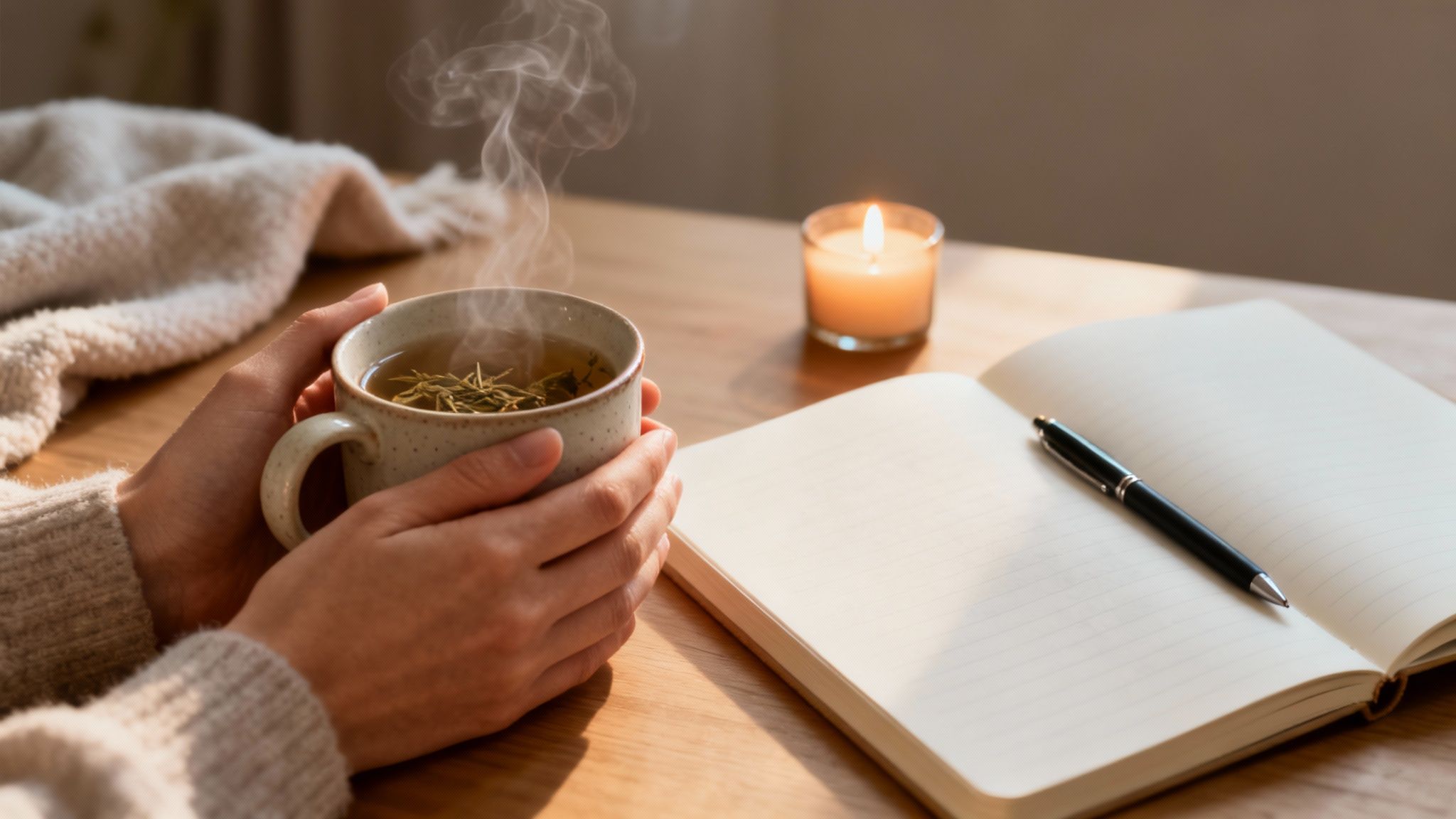 Hands holding a steaming mug of tea next to a lit candle and open notebook on a wooden table.