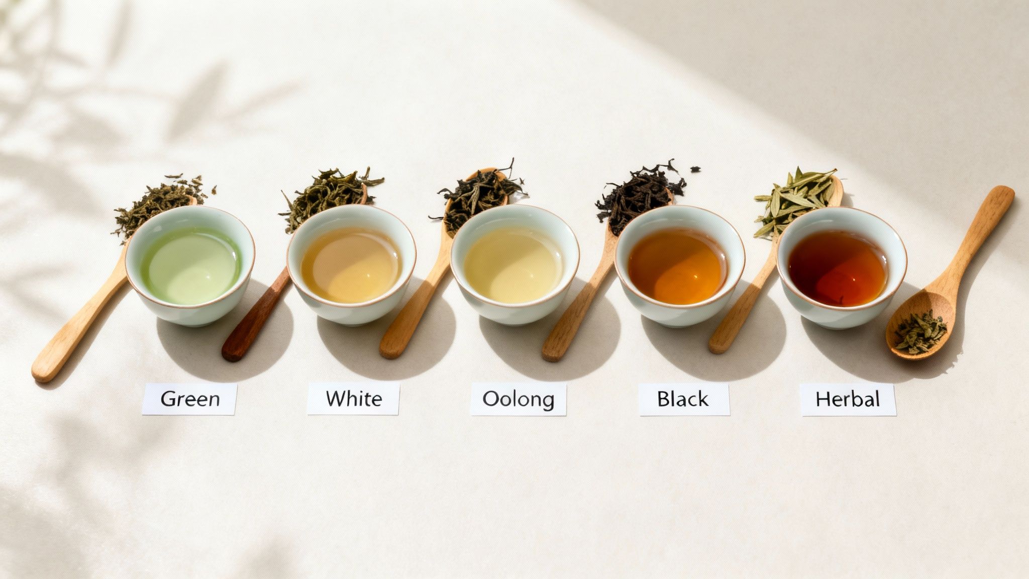 Five different types of loose leaf teas and brewed teas in cups with spoons.
