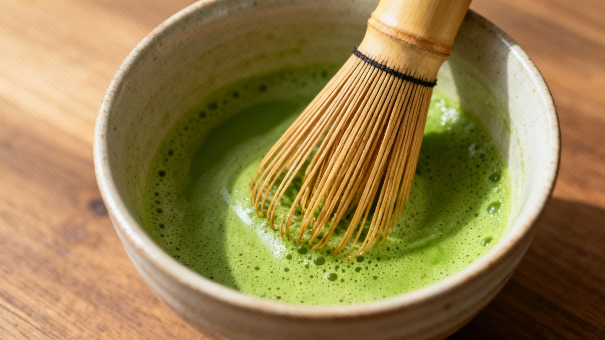 A person using a matcha green tea bamboo whisk to prepare matcha in a bowl