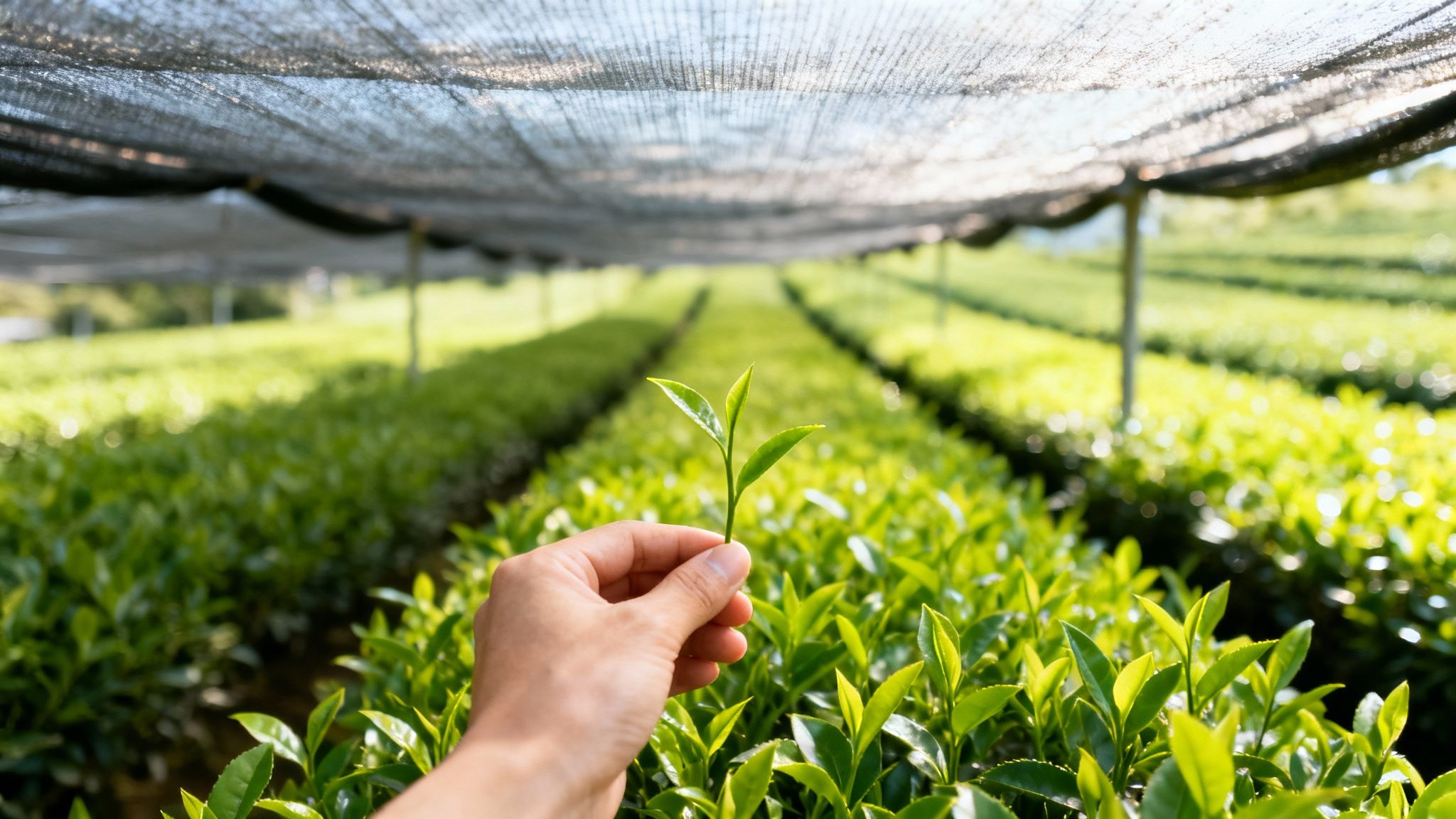 A hand gently holds a young green tea shoot in a lush, shaded tea field.