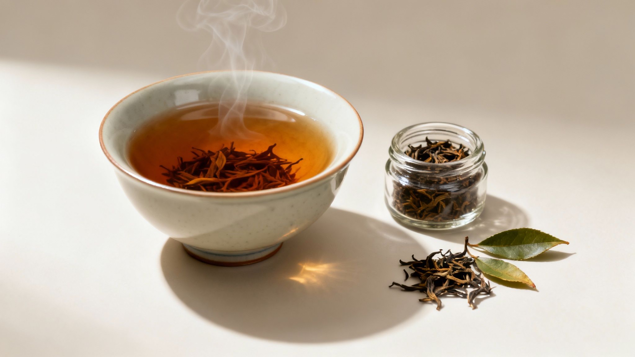 A close-up shot of loose leaf tea being prepared in a clear glass teapot