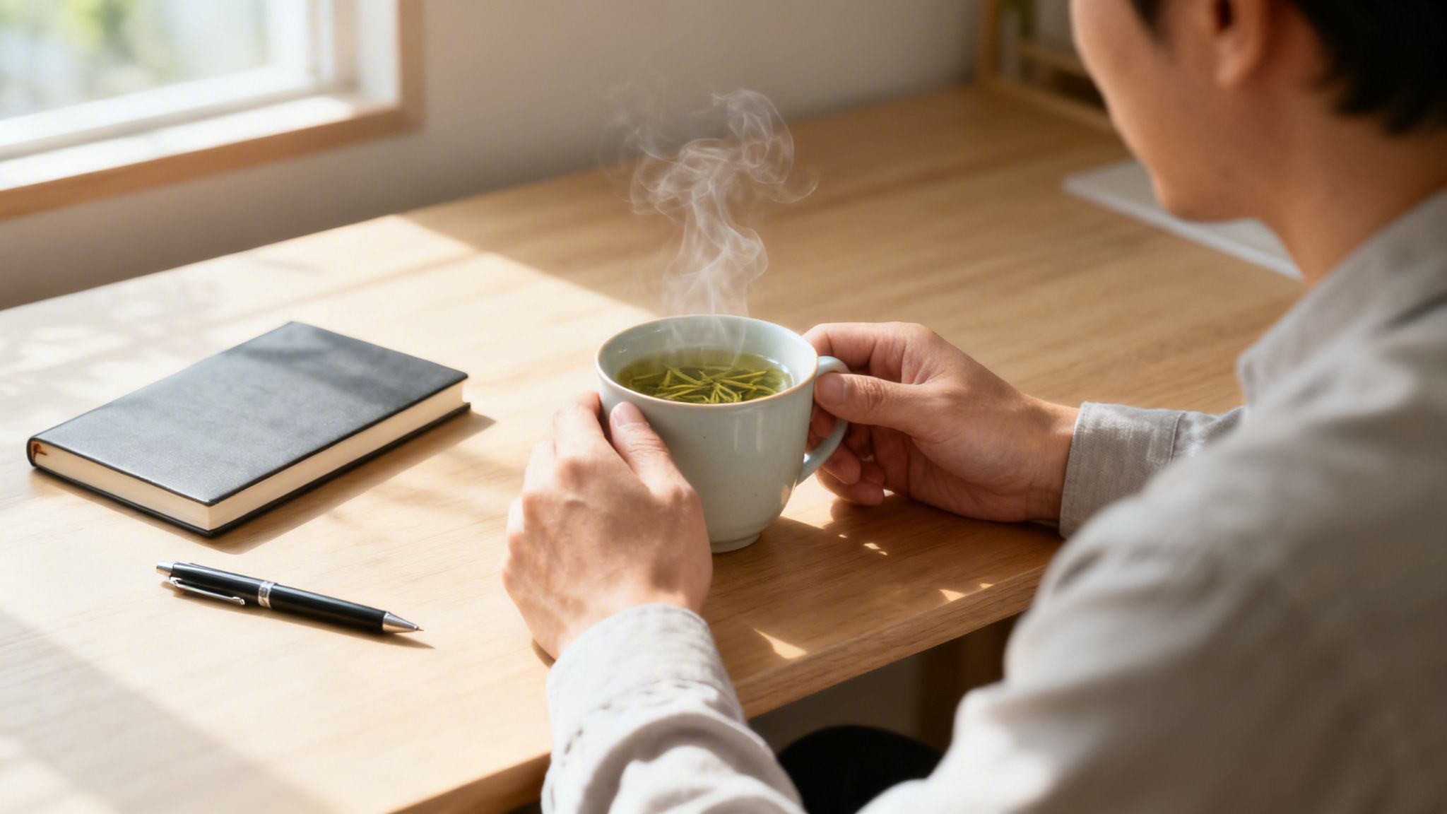 A person's hands hold a steaming cup of green tea on a wooden desk with a notebook.