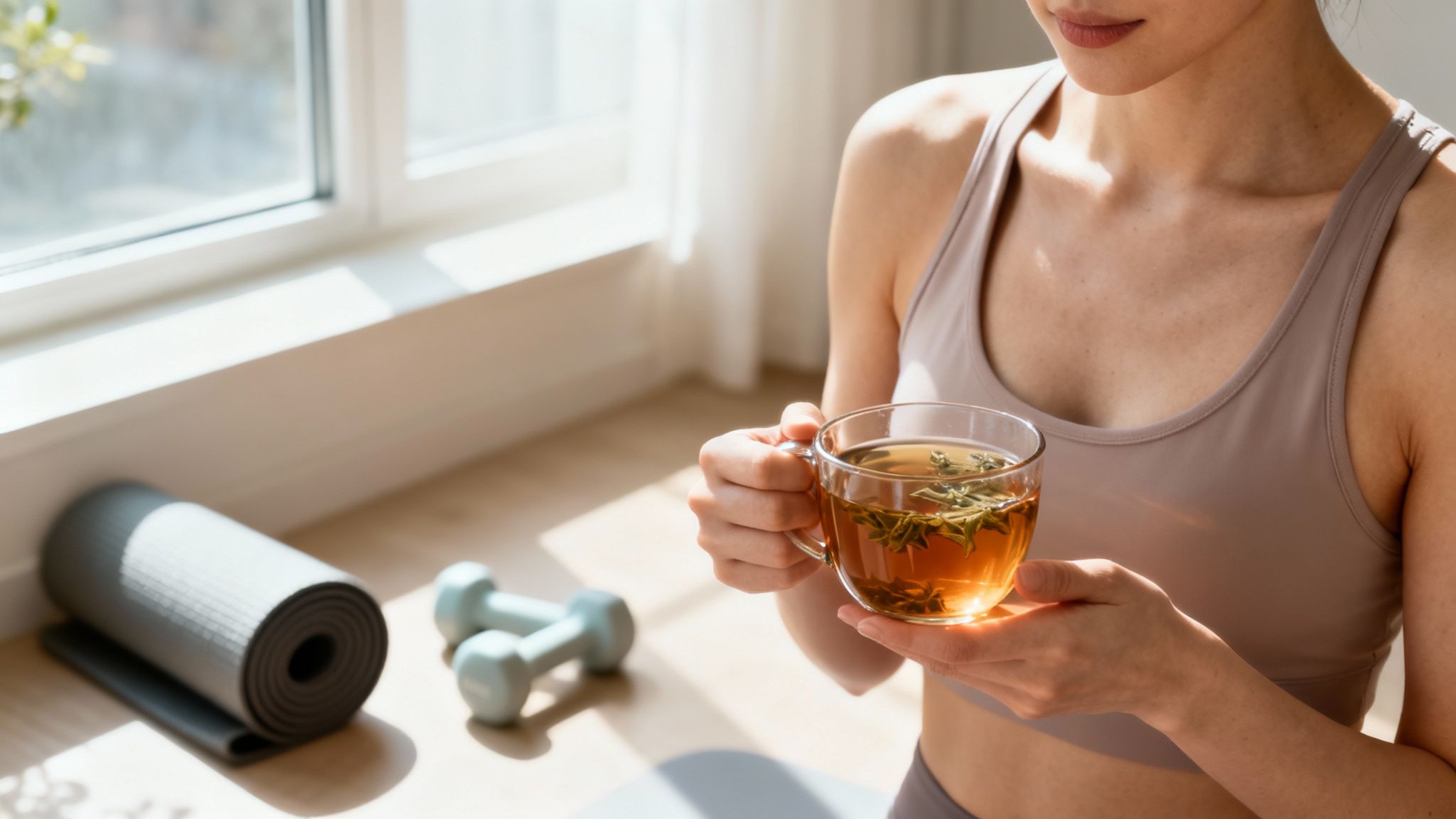 A person in activewear holds a glass of herbal tea after a home workout, with fitness equipment visible.