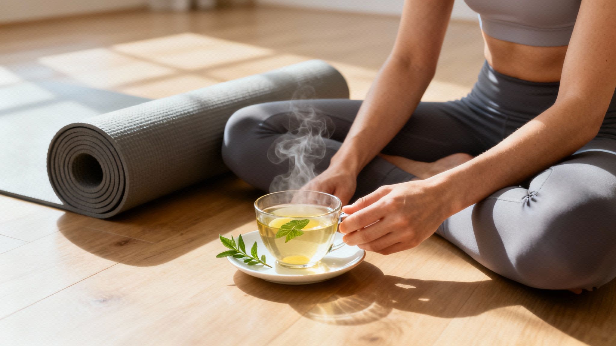 An athlete stretching on a yoga mat after a workout, with a cup of herbal tea nearby.