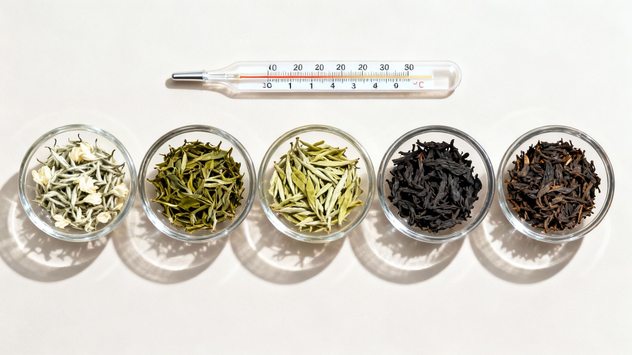 Five bowls displaying various tea leaves like jasmine, green, and black, with a thermometer.