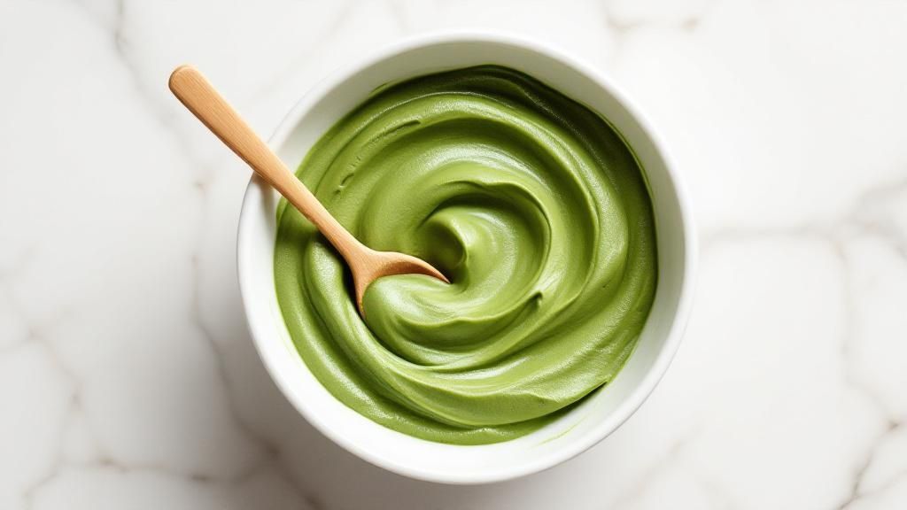 A bowl of vibrant green ceremonial matcha with a traditional bamboo whisk.