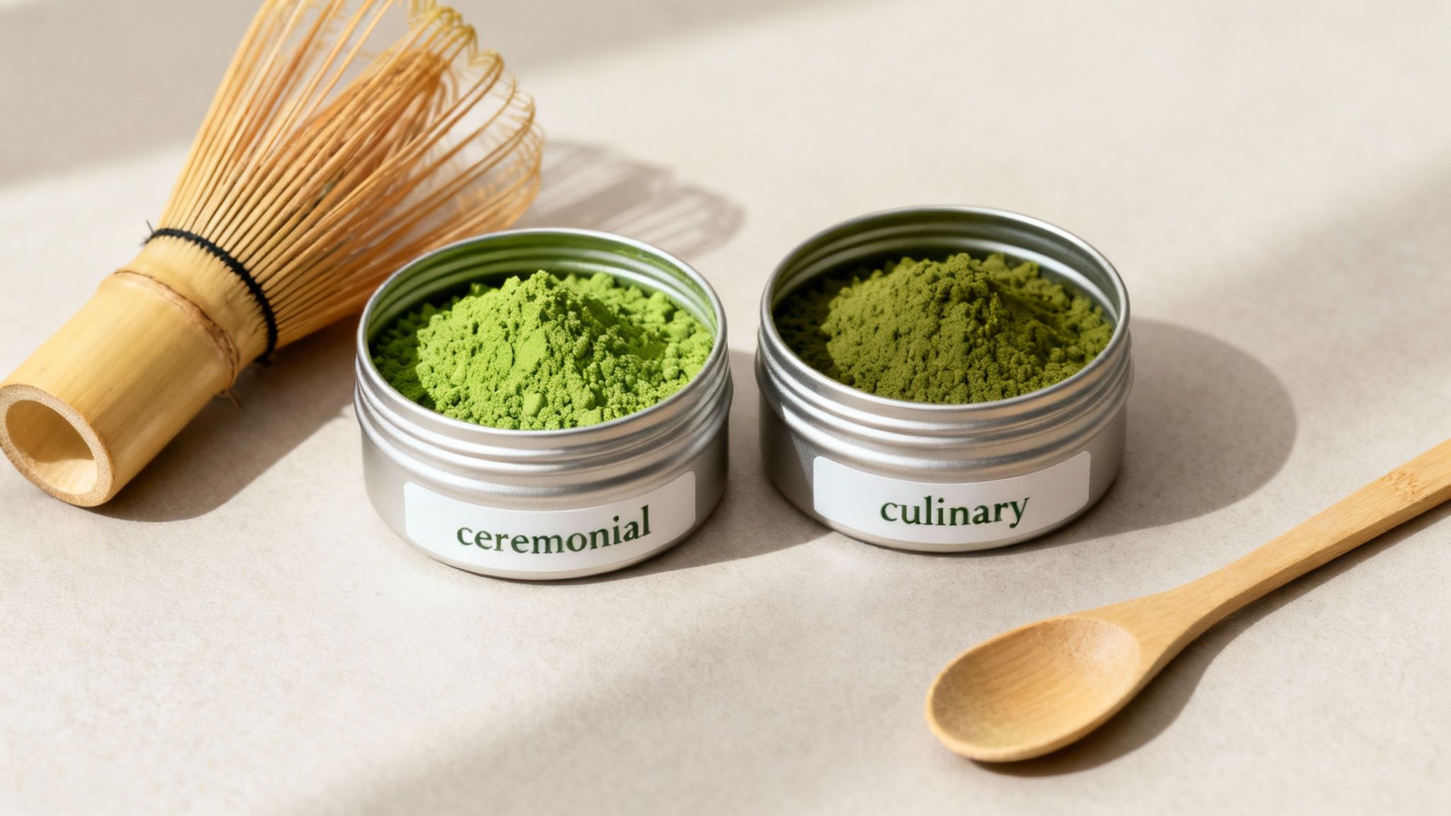 Two tins of bright ceremonial and darker culinary matcha powder with a bamboo whisk and spoon.