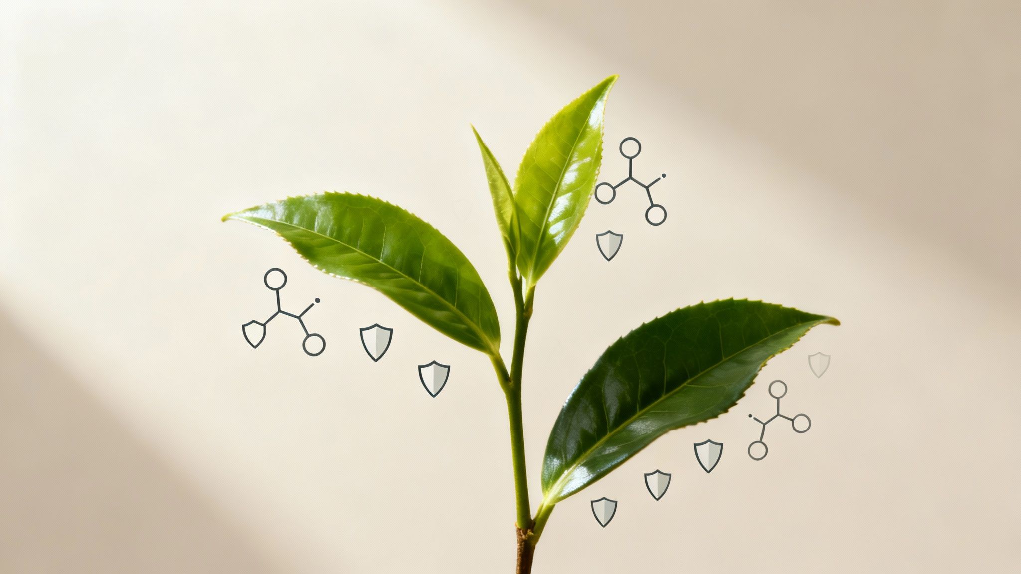 A close-up shot of vibrant green tea leaves on the Camellia sinensis plant.