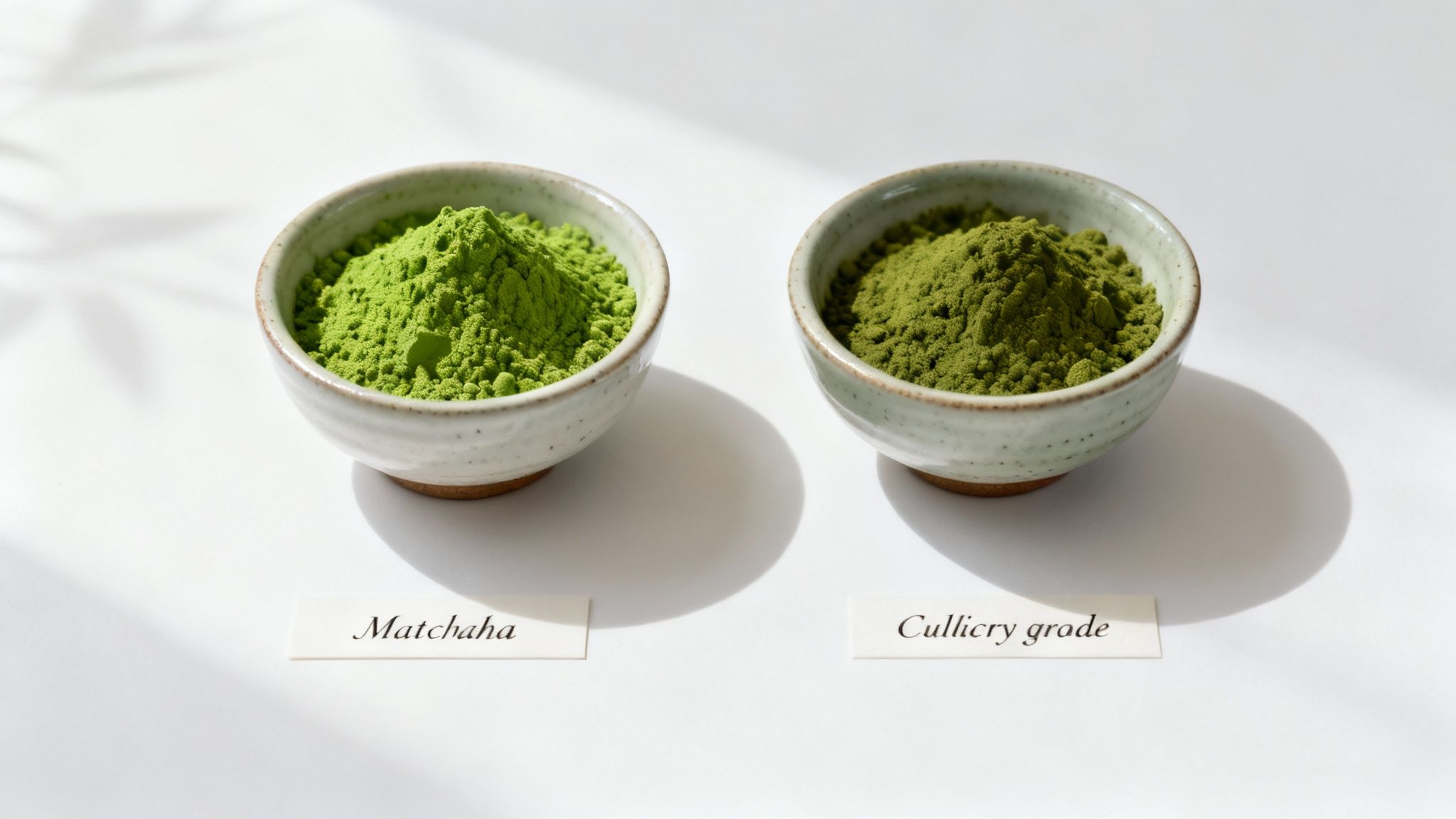 A close-up shot of vibrant green matcha powder being scooped from a tin.