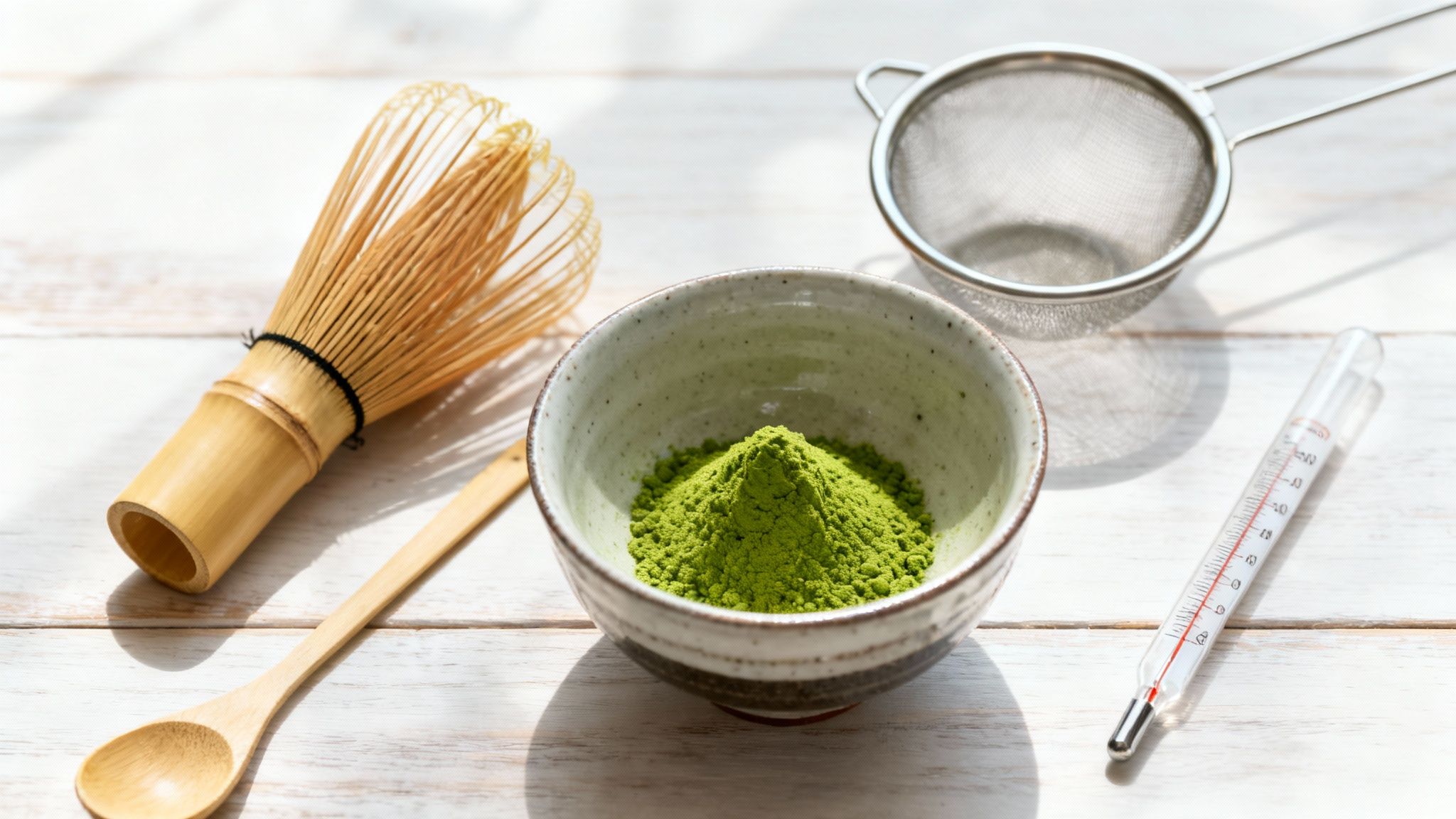 Matcha tea preparation tools: green matcha powder, bamboo whisk, wooden spoon, sieve, and thermometer.