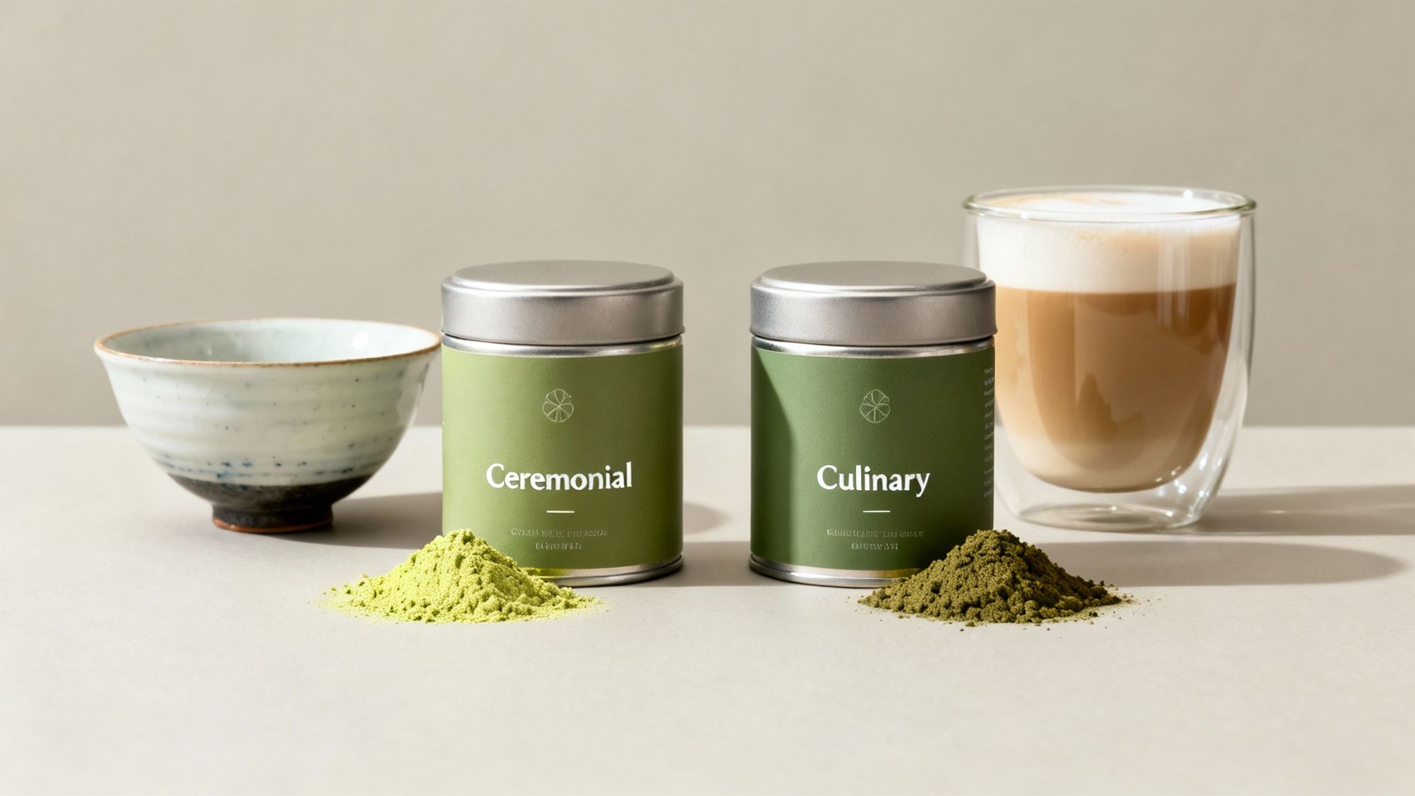 Two cans of ceremonial and culinary matcha powder with piles of green tea, a bowl, and a latte.