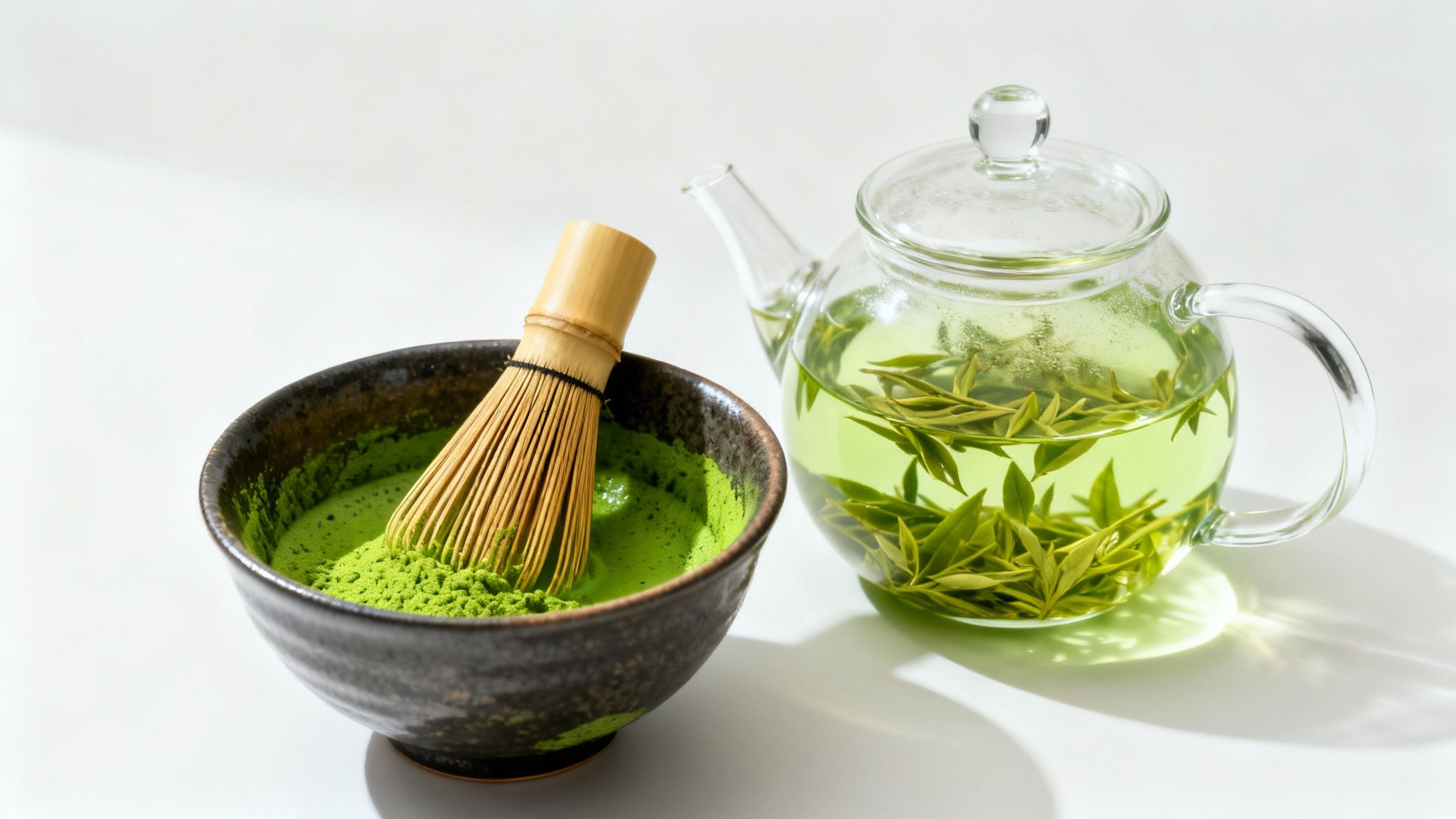 Freshly whisked matcha in a ceramic bowl with a bamboo whisk next to a glass teapot of green tea.