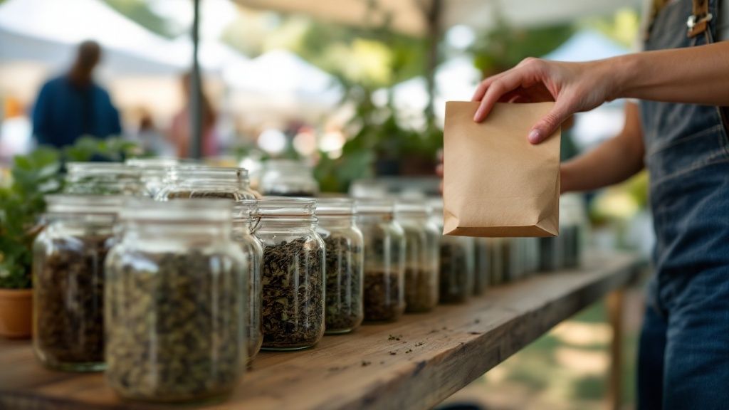A shelf in a health shop stocked with various jars of loose leaf tea and herbs.
