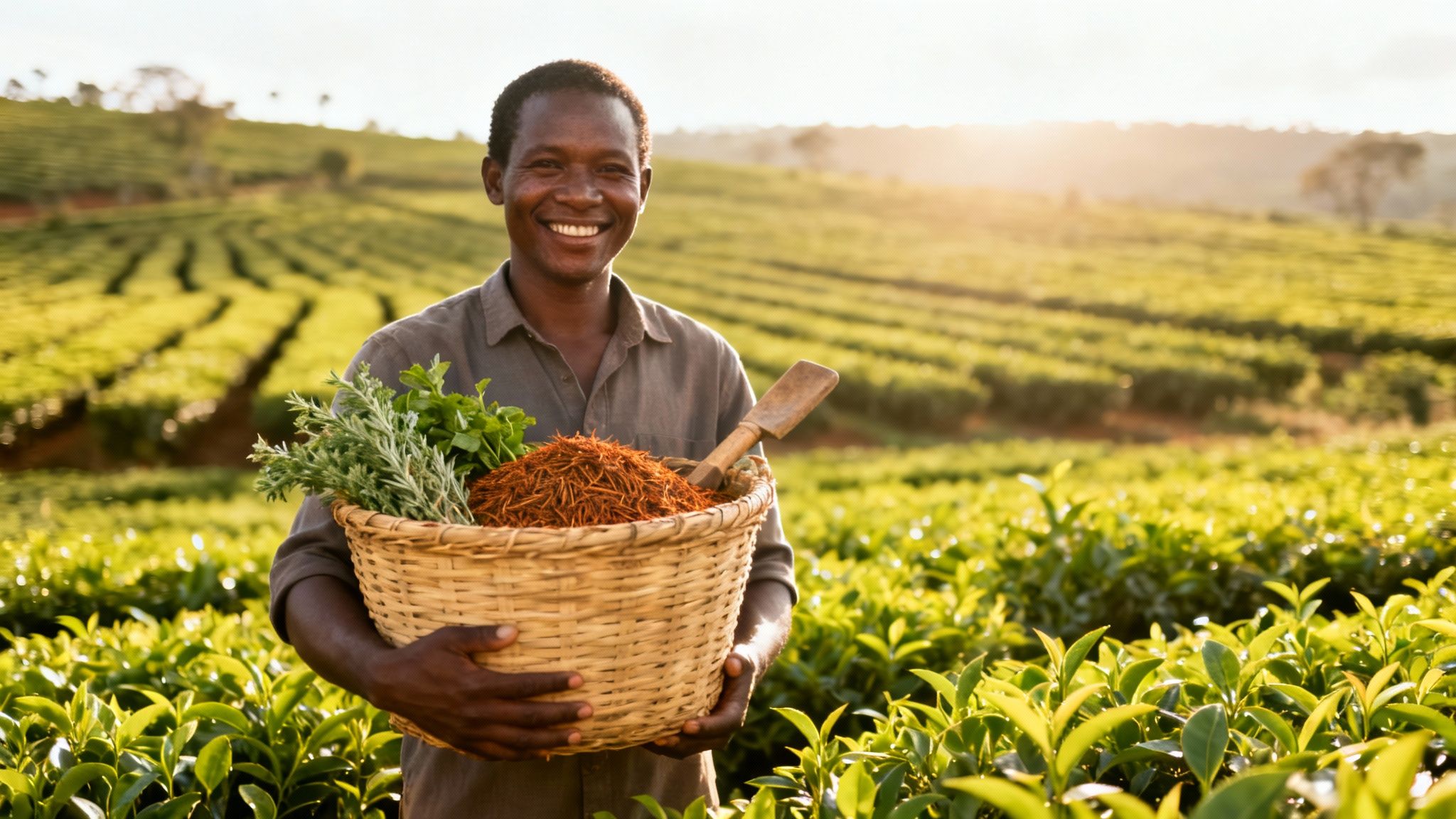 Smiling man holding a basket of fresh herbs and dried rooibos in a tea field at sunset.